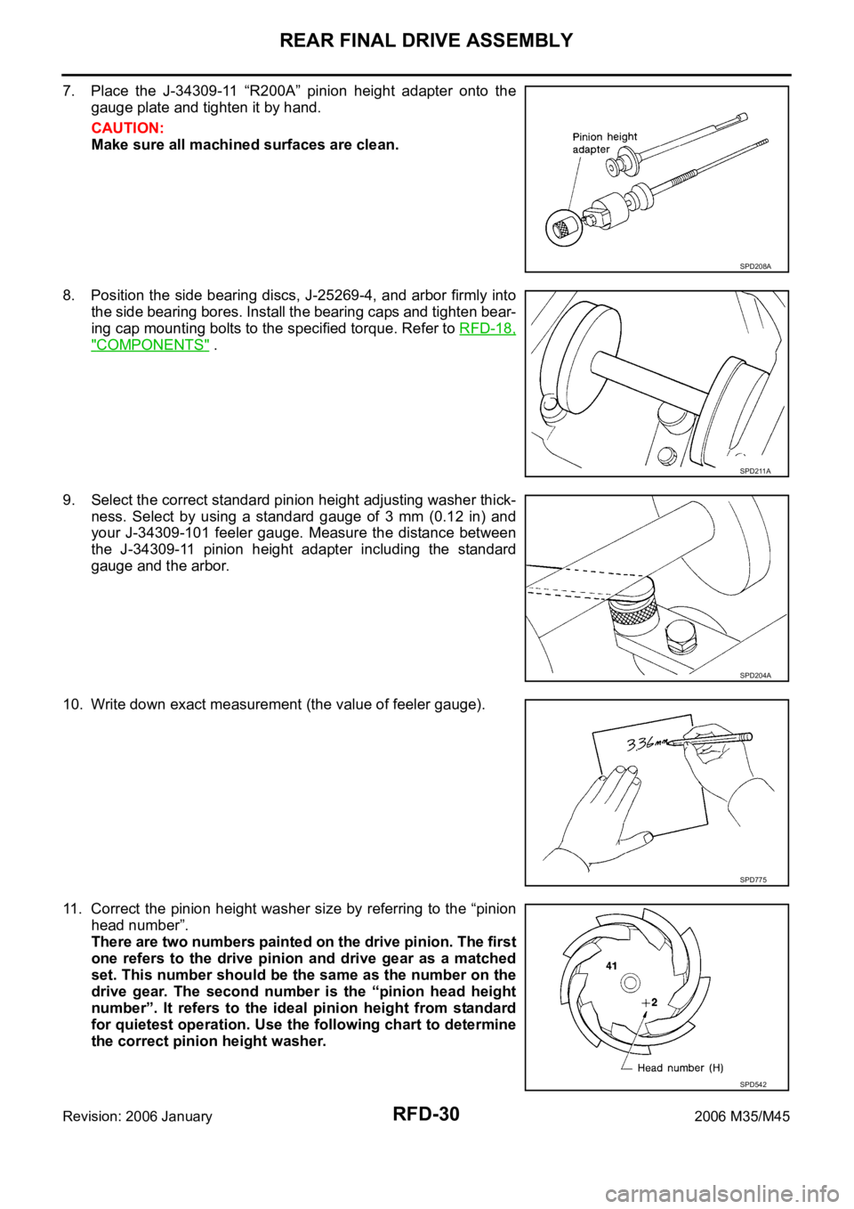 INFINITI M35 2006  Factory Service Manual RFD-30
REAR FINAL DRIVE ASSEMBLY
Revision: 2006 January2006 M35/M45
7. Place  the  J-34309-11  “R200A”  pinion  height  adapter  onto  the
gauge plate and tighten it by hand.
CAUTION:
Make sure al