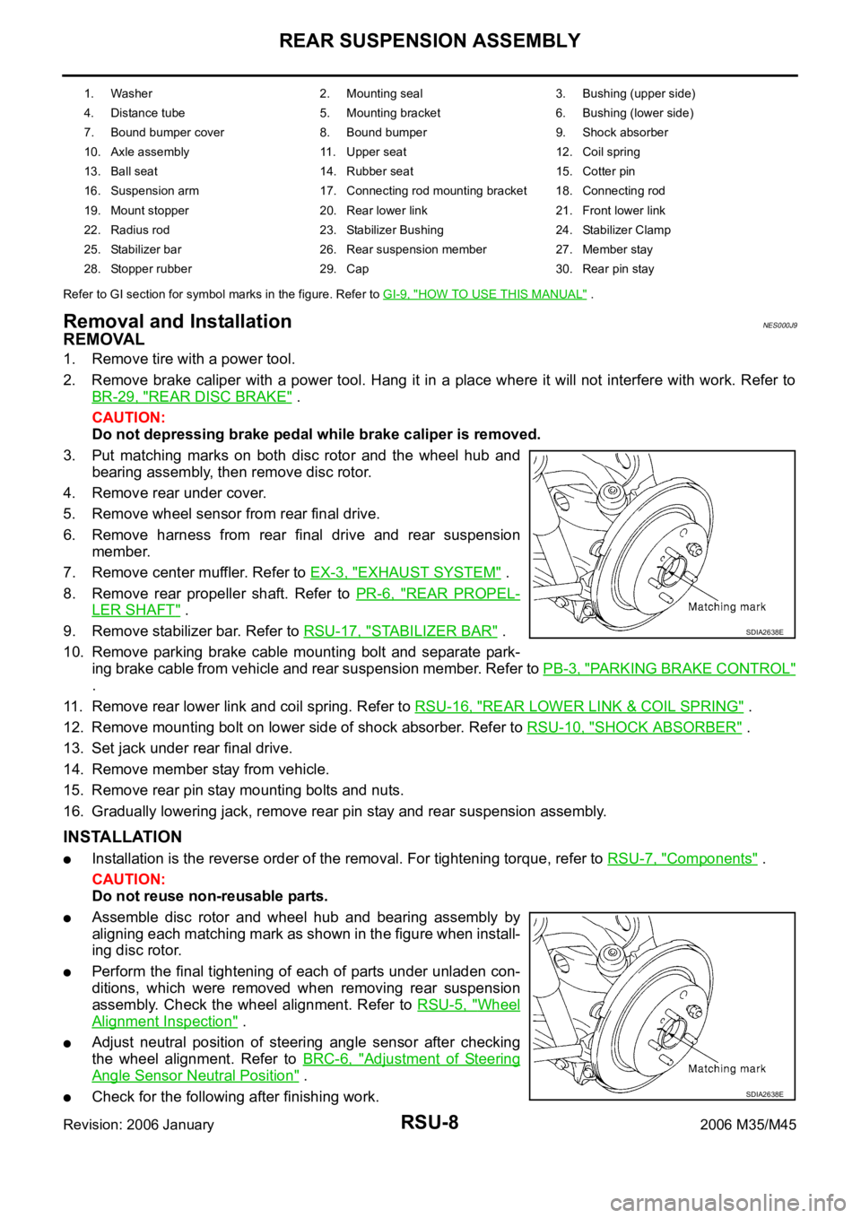 INFINITI M35 2006  Factory Service Manual RSU-8
REAR SUSPENSION ASSEMBLY
Revision: 2006 January2006 M35/M45
Refer to GI section for symbol marks in the figure. Refer to GI-9, "HOW TO USE THIS MANUAL" .
Removal and InstallationNES000J9