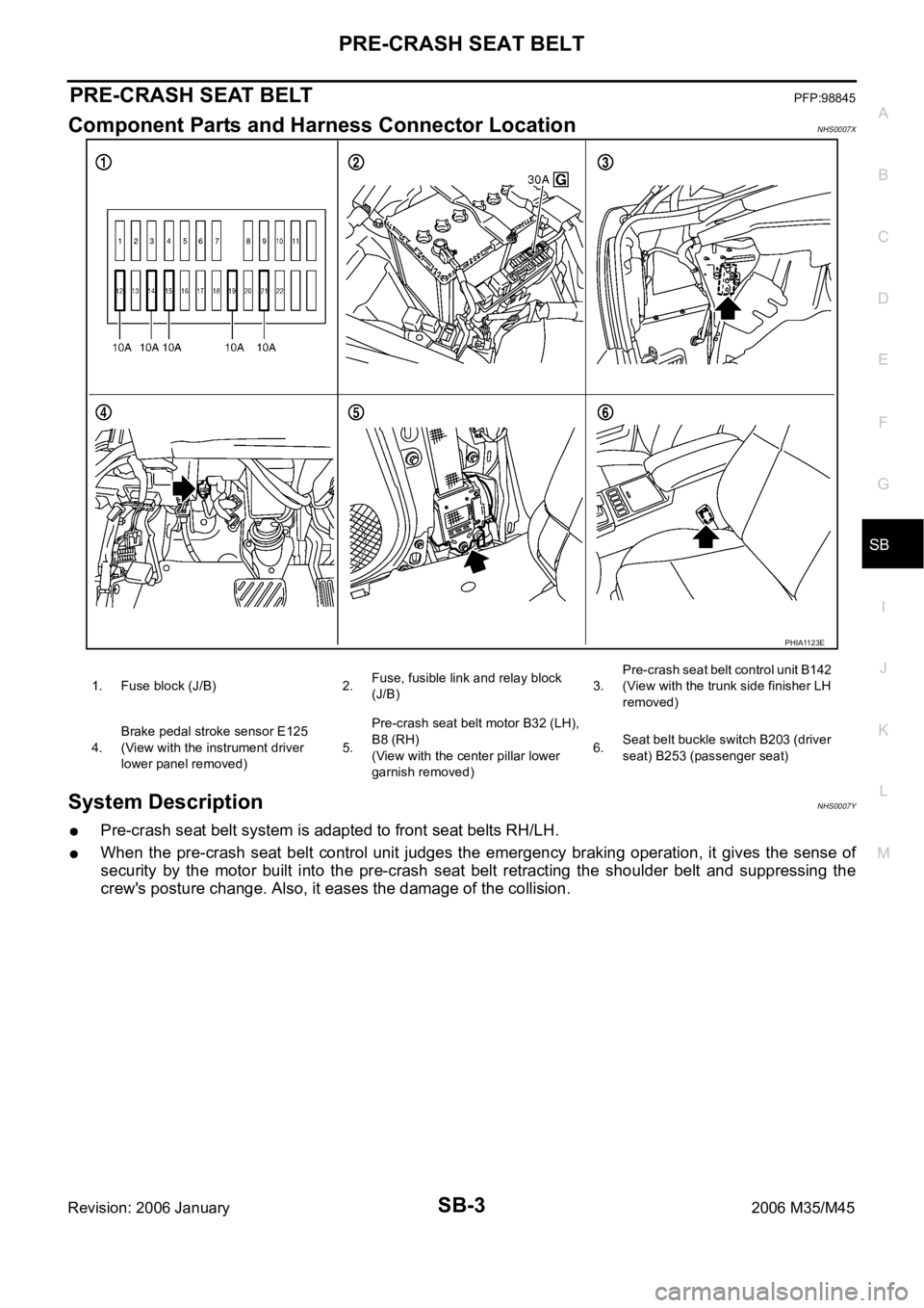 INFINITI M35 2006  Factory Service Manual PRE-CRASH SEAT BELT
SB-3
C
D
E
F
G
I
J
K
L
MA
B
SB
Revision: 2006 January2006 M35/M45
PRE-CRASH SEAT BELTPFP:98845
Component Parts and Harness Connector LocationNHS0007X
System DescriptionNHS0007Y
Pre