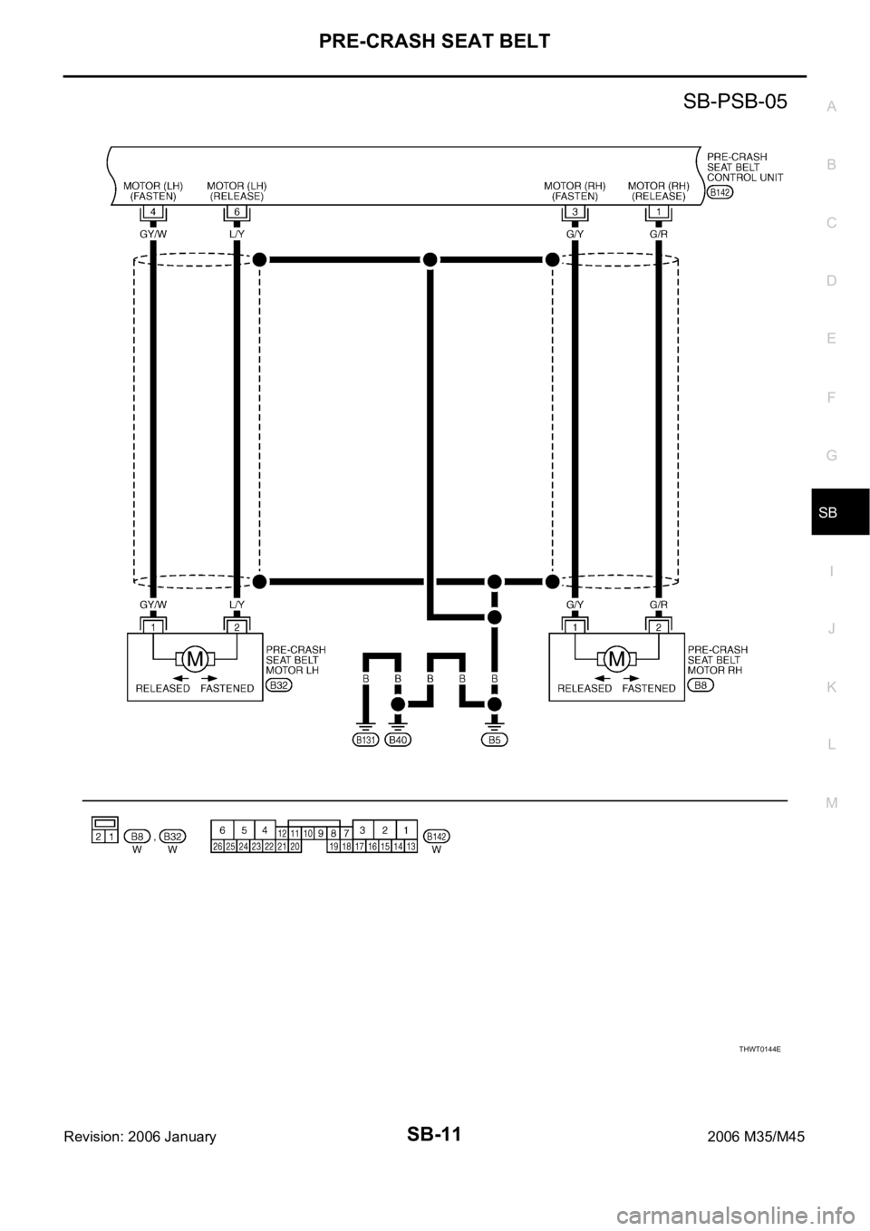 INFINITI M35 2006  Factory Service Manual PRE-CRASH SEAT BELT
SB-11
C
D
E
F
G
I
J
K
L
MA
B
SB
Revision: 2006 January2006 M35/M45
THWT0144E 