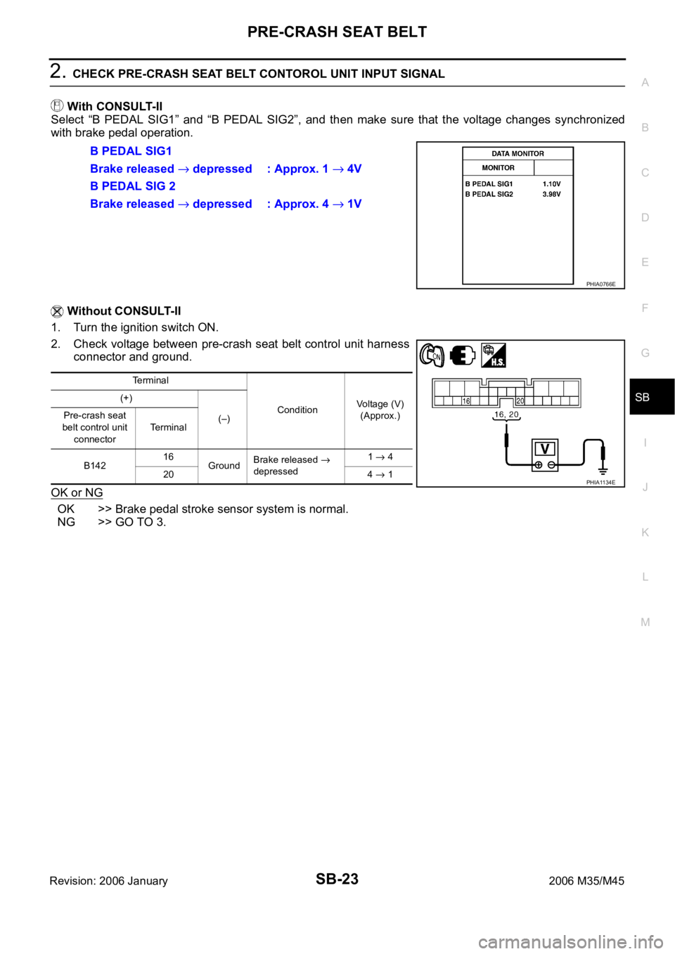 INFINITI M35 2006  Factory Service Manual PRE-CRASH SEAT BELT
SB-23
C
D
E
F
G
I
J
K
L
MA
B
SB
Revision: 2006 January2006 M35/M45
2. CHECK PRE-CRASH SEAT BELT CONTOROL UNIT INPUT SIGNAL
 With CONSULT-II
Select  “B  PEDAL  SIG1”  and  “B 