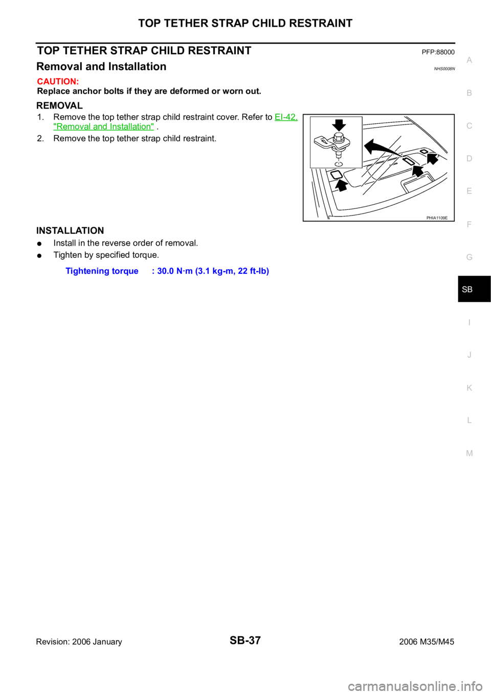 INFINITI M35 2006  Factory Service Manual TOP TETHER STRAP CHILD RESTRAINT
SB-37
C
D
E
F
G
I
J
K
L
MA
B
SB
Revision: 2006 January2006 M35/M45
TOP TETHER STRAP CHILD RESTRAINTPFP:88000
Removal and InstallationNHS0008N
CAUTION:
Replace anchor b