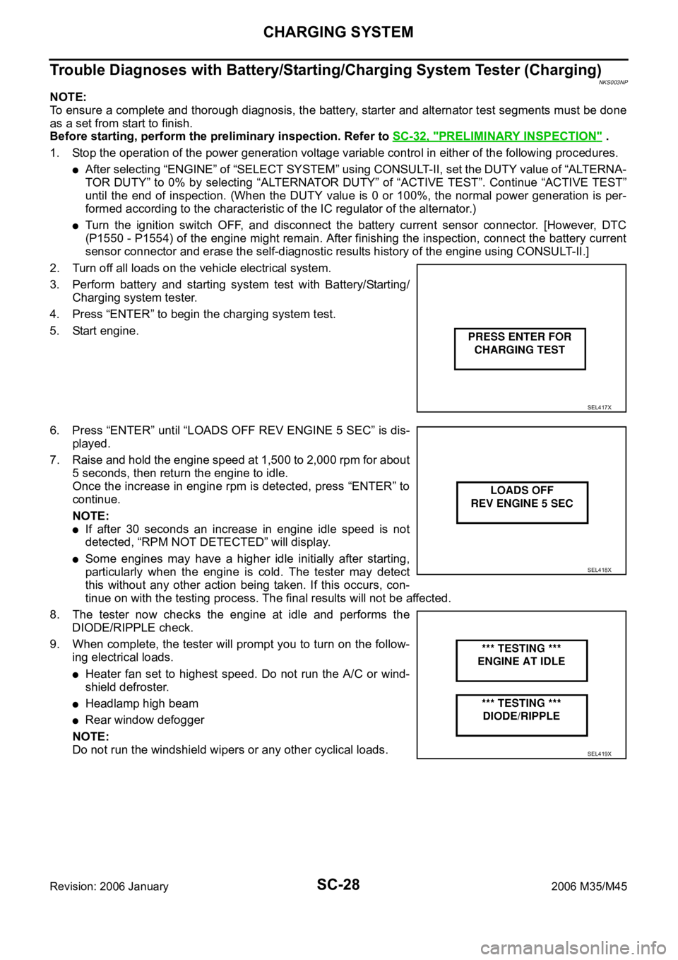 INFINITI M35 2006  Factory Service Manual SC-28
CHARGING SYSTEM
Revision: 2006 January2006 M35/M45
Trouble Diagnoses with Battery/Starting/Charging System Tester (Charging)NKS003NP
NOTE:
To ensure a complete and thorough diagnosis, the batter