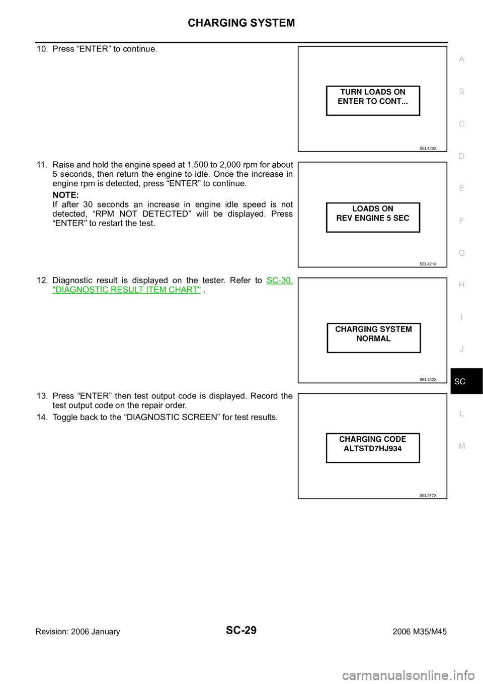 INFINITI M35 2006  Factory Service Manual CHARGING SYSTEM
SC-29
C
D
E
F
G
H
I
J
L
MA
B
SC
Revision: 2006 January2006 M35/M45
10. Press “ENTER” to continue.
11. Raise and hold the engine speed at 1,500 to 2,000 rpm for about
5  seconds,  t