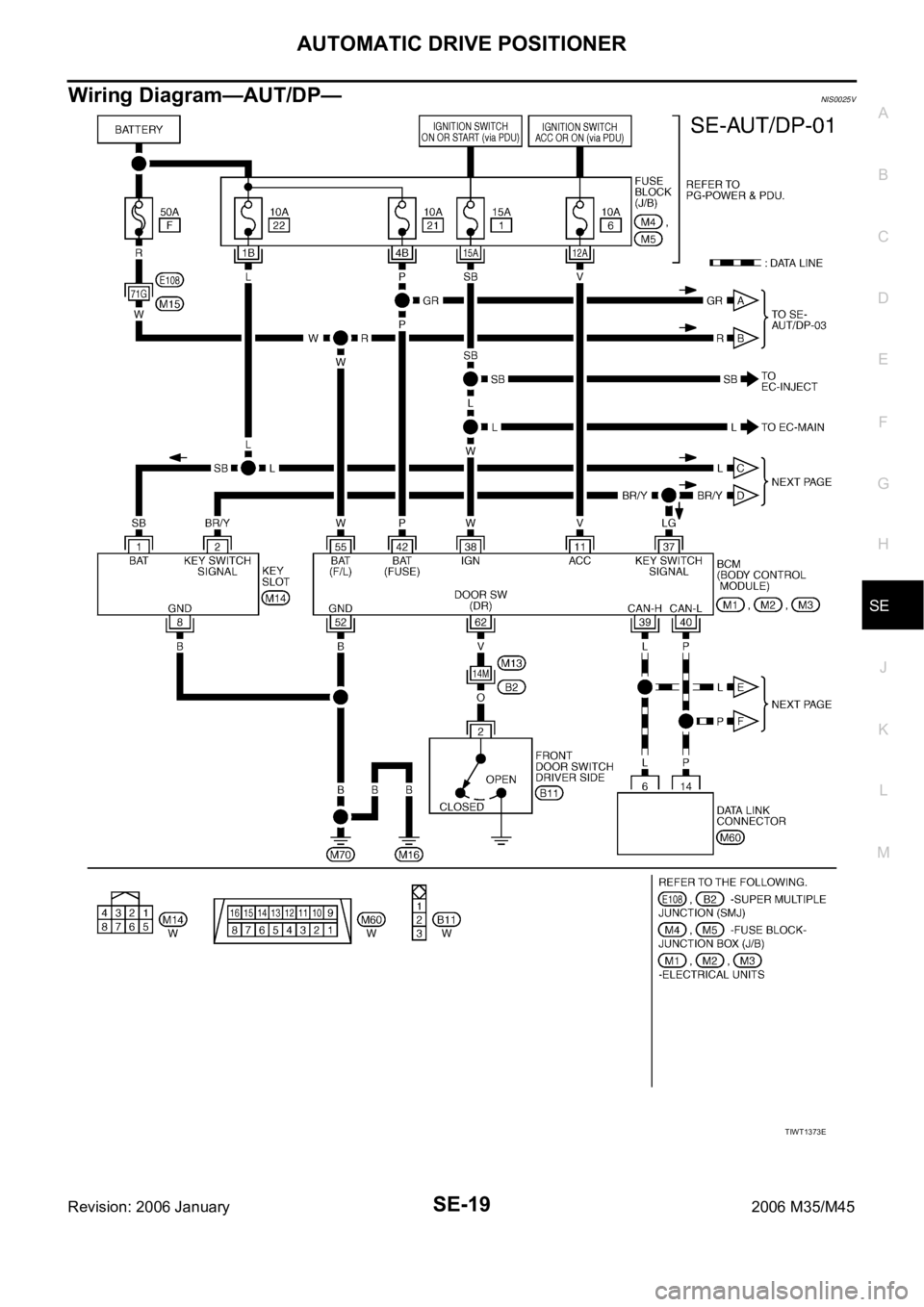 INFINITI M35 2006  Factory Service Manual AUTOMATIC DRIVE POSITIONER
SE-19
C
D
E
F
G
H
J
K
L
MA
B
SE
Revision: 2006 January2006 M35/M45
Wiring Diagram—AUT/DP—NIS0025V
TIWT1373E 