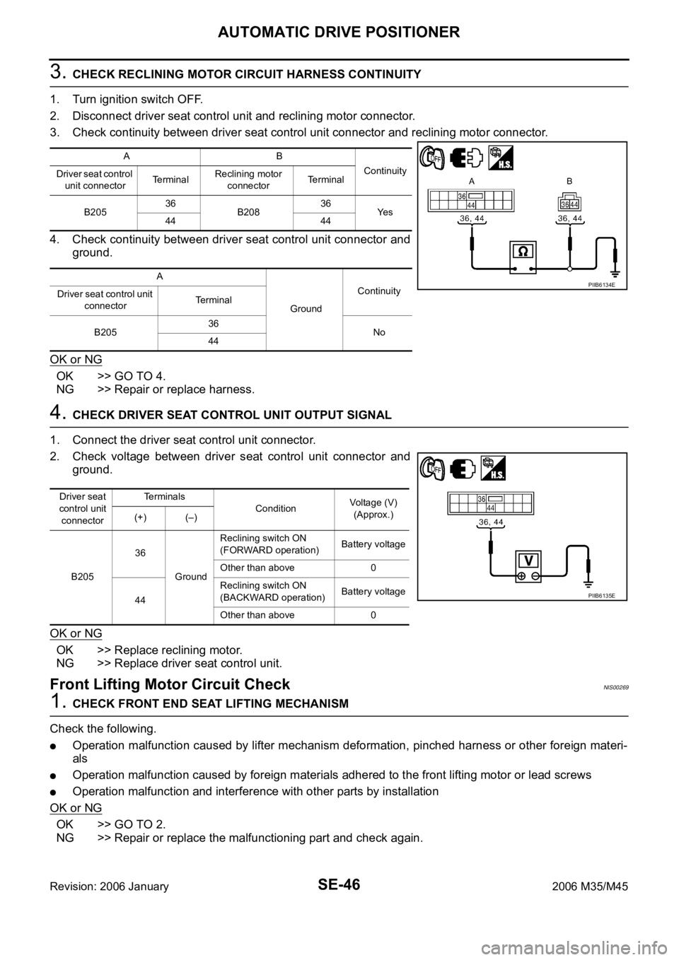 INFINITI M35 2006 Factory Service Manual SE-46
AUTOMATIC DRIVE POSITIONER
Revision: 2006 January2006 M35/M45
3. CHECK RECLINING MOTOR CIRCUIT HARNESS CONTINUITY
1. Turn ignition switch OFF.
2. Disconnect driver seat control unit and reclini INFINITI M35 2006 Factory Service Manual SE-46
AUTOMATIC DRIVE POSITIONER
Revision: 2006 January2006 M35/M45
3. CHECK RECLINING MOTOR CIRCUIT HARNESS CONTINUITY
1. Turn ignition switch OFF.
2. Disconnect driver seat control unit and reclini