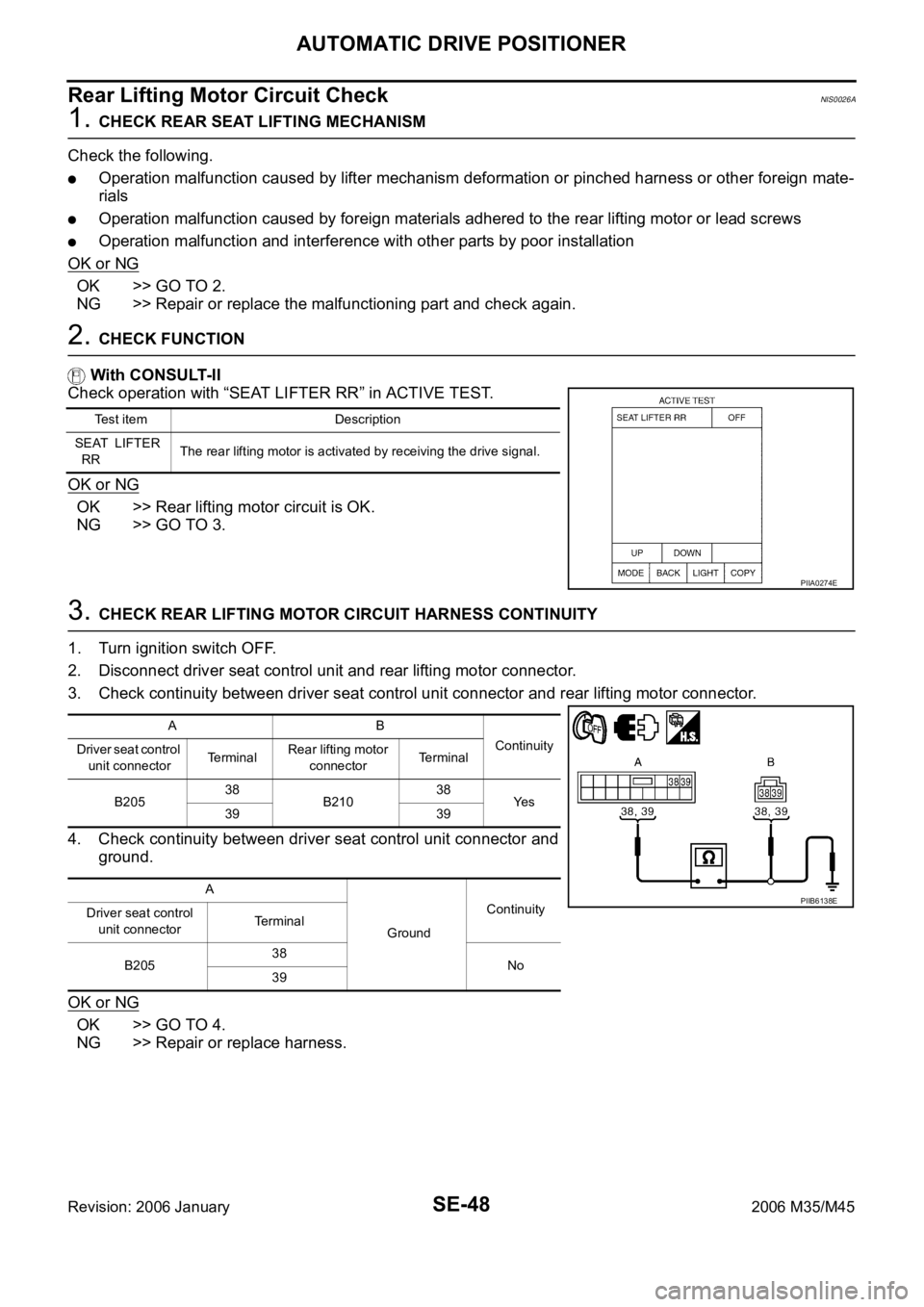 INFINITI M35 2006 Factory Service Manual SE-48
AUTOMATIC DRIVE POSITIONER
Revision: 2006 January2006 M35/M45
Rear Lifting Motor Circuit CheckNIS0026A
1. CHECK REAR SEAT LIFTING MECHANISM
Check the following.
Operation malfunction caused by l INFINITI M35 2006 Factory Service Manual SE-48
AUTOMATIC DRIVE POSITIONER
Revision: 2006 January2006 M35/M45
Rear Lifting Motor Circuit CheckNIS0026A
1. CHECK REAR SEAT LIFTING MECHANISM
Check the following.
Operation malfunction caused by l