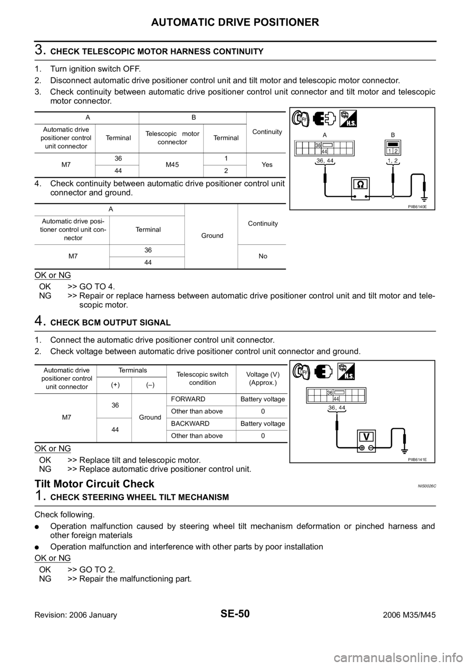 INFINITI M35 2006 Factory Service Manual SE-50
AUTOMATIC DRIVE POSITIONER
Revision: 2006 January2006 M35/M45
3. CHECK TELESCOPIC MOTOR HARNESS CONTINUITY
1. Turn ignition switch OFF.
2. Disconnect automatic drive positioner control unit and INFINITI M35 2006 Factory Service Manual SE-50
AUTOMATIC DRIVE POSITIONER
Revision: 2006 January2006 M35/M45
3. CHECK TELESCOPIC MOTOR HARNESS CONTINUITY
1. Turn ignition switch OFF.
2. Disconnect automatic drive positioner control unit and