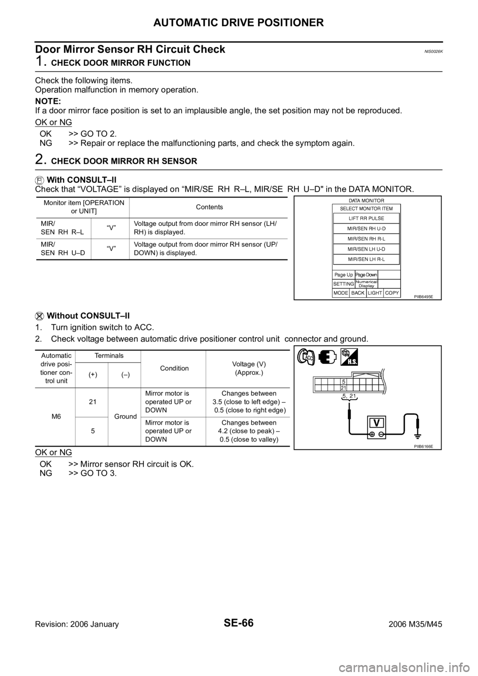INFINITI M35 2006  Factory Service Manual SE-66
AUTOMATIC DRIVE POSITIONER
Revision: 2006 January2006 M35/M45
Door Mirror Sensor RH Circuit Check NIS0026K
1. CHECK DOOR MIRROR FUNCTION
Check the following items.
Operation malfunction in memor