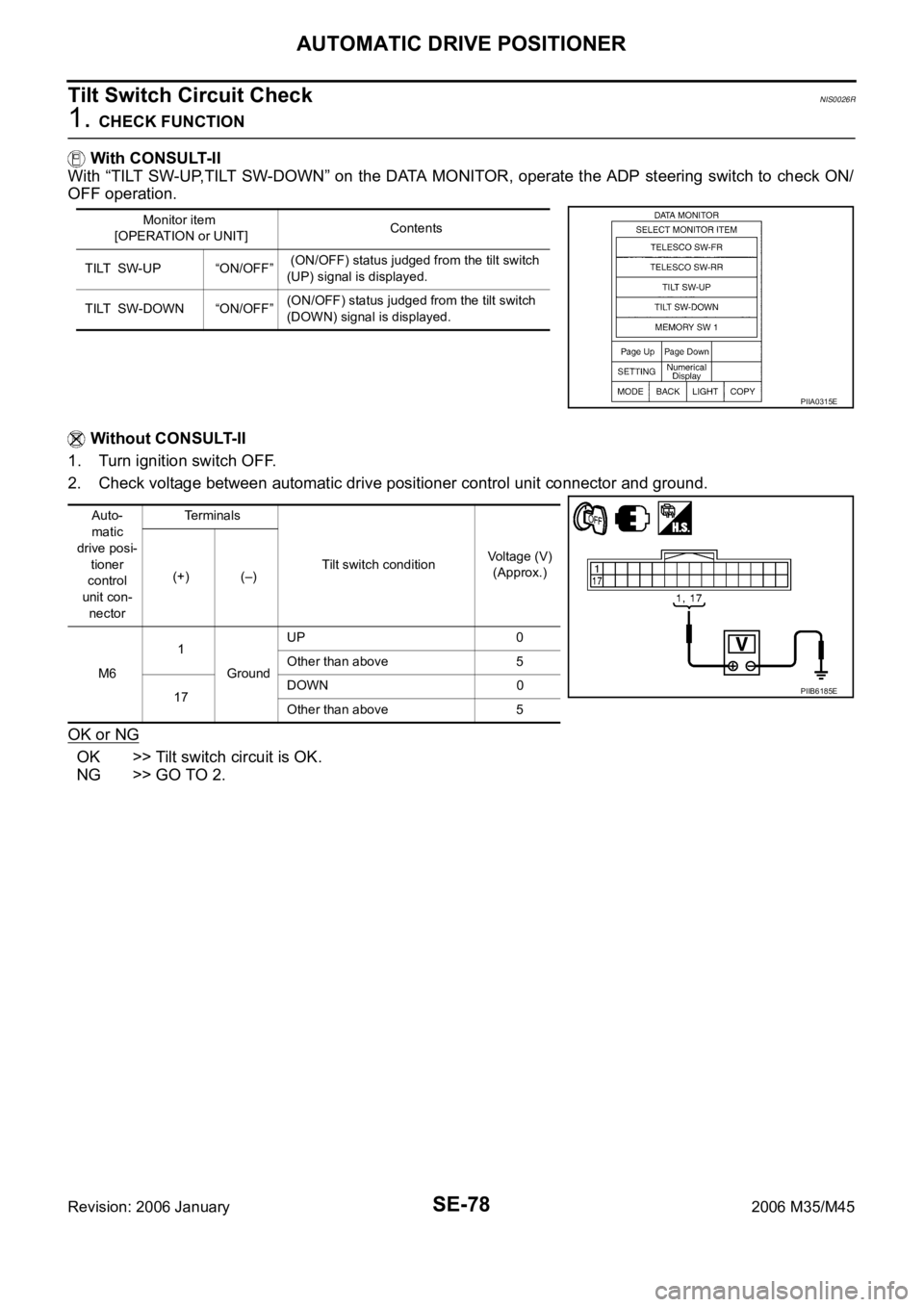 INFINITI M35 2006  Factory Service Manual SE-78
AUTOMATIC DRIVE POSITIONER
Revision: 2006 January2006 M35/M45
Tilt Switch Circuit CheckNIS0026R
1. CHECK FUNCTION
 With CONSULT-II
With “TILT SW-UP,TILT SW-DOWN” on the DATA MONITOR, operate