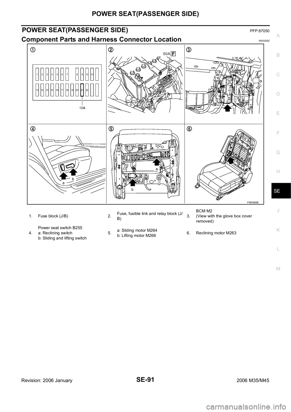 INFINITI M35 2006  Factory Service Manual POWER SEAT(PASSENGER SIDE)
SE-91
C
D
E
F
G
H
J
K
L
MA
B
SE
Revision: 2006 January2006 M35/M45
POWER SEAT(PASSENGER SIDE)PFP:87050
Component Parts and Harness Connector LocationNIS0026Z
PIIB5888E
1. Fu