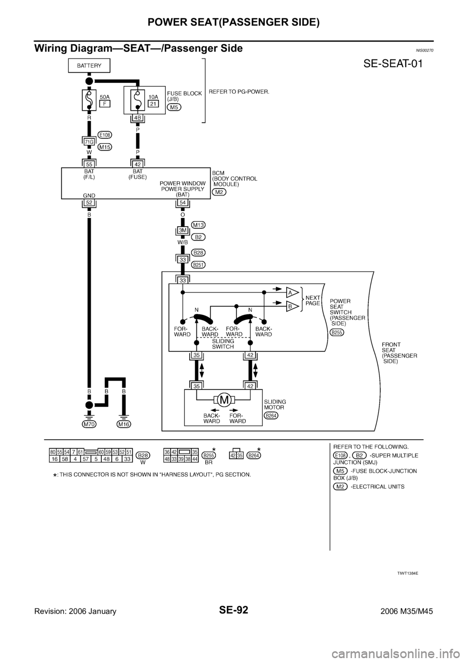 INFINITI M35 2006  Factory Service Manual SE-92
POWER SEAT(PASSENGER SIDE)
Revision: 2006 January2006 M35/M45
Wiring Diagram—SEAT—/Passenger SideNIS00270
TIWT1384E 