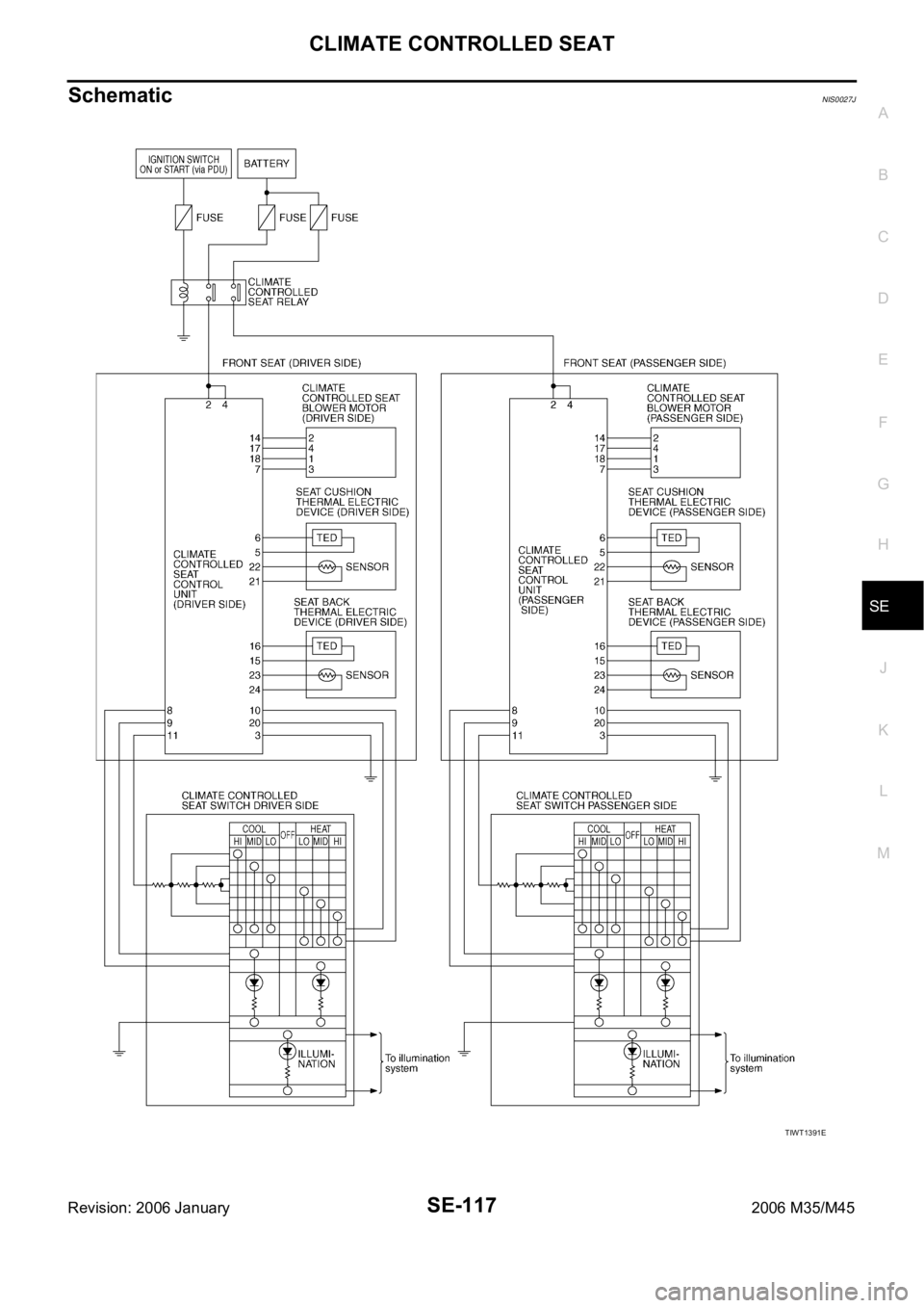INFINITI M35 2006  Factory Service Manual CLIMATE CONTROLLED SEAT
SE-117
C
D
E
F
G
H
J
K
L
MA
B
SE
Revision: 2006 January2006 M35/M45
SchematicNIS0027J
TIWT1391E 