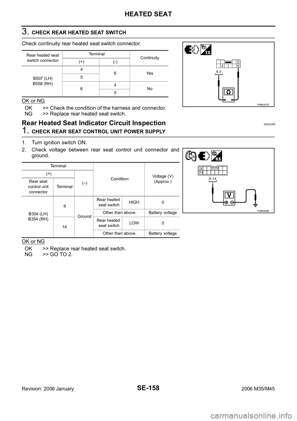 INFINITI M35 2006  Factory Service Manual SE-158
HEATED SEAT
Revision: 2006 January2006 M35/M45
3. CHECK REAR HEATED SEAT SWITCH 
Check continuity rear heated seat switch connector.
OK or NG
OK >> Check the condition of the harness and connec