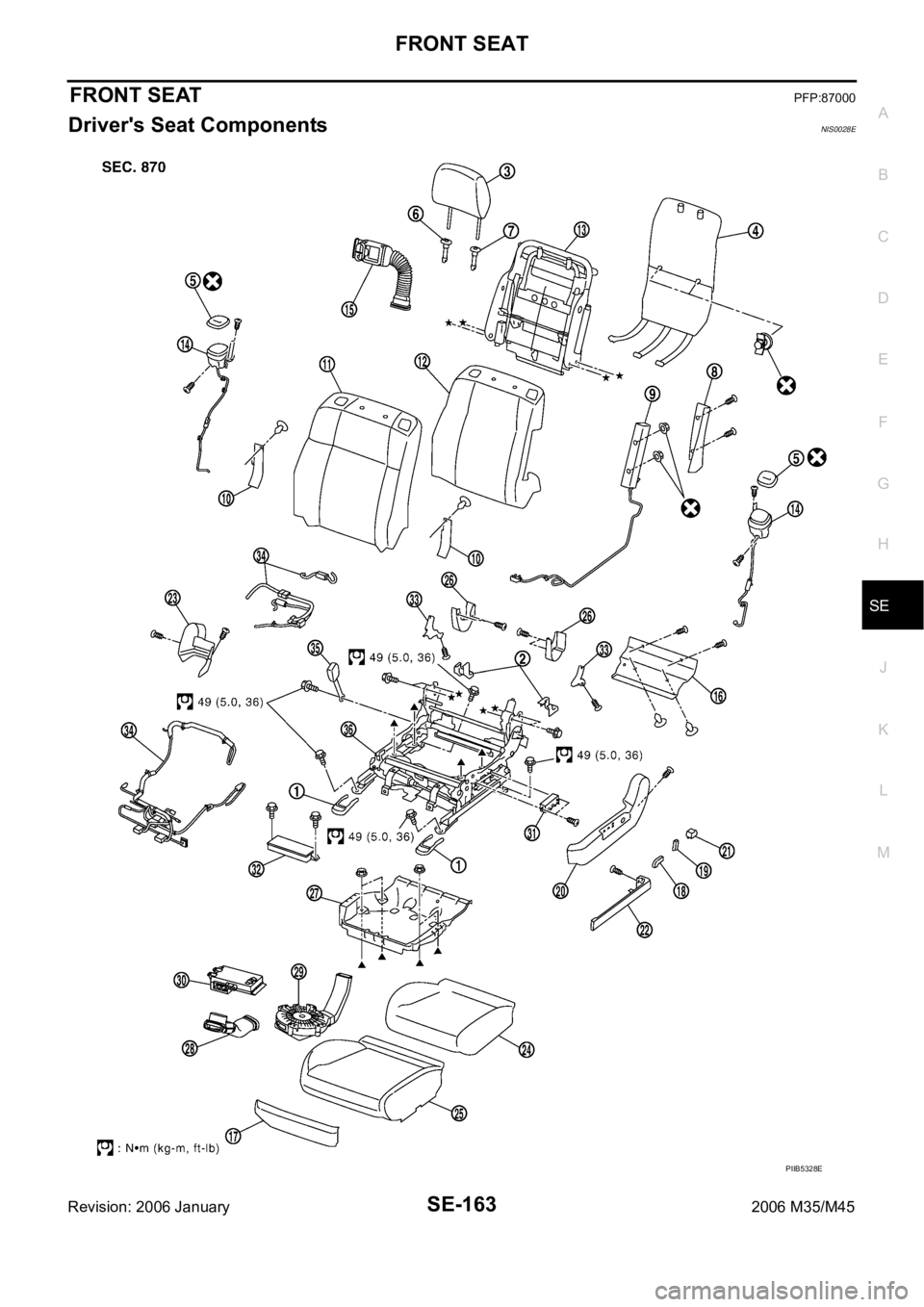 INFINITI M35 2006  Factory Service Manual FRONT SEAT
SE-163
C
D
E
F
G
H
J
K
L
MA
B
SE
Revision: 2006 January2006 M35/M45
FRONT SEATPFP:87000
Driver's Seat ComponentsNIS0028E
PIIB5328E 