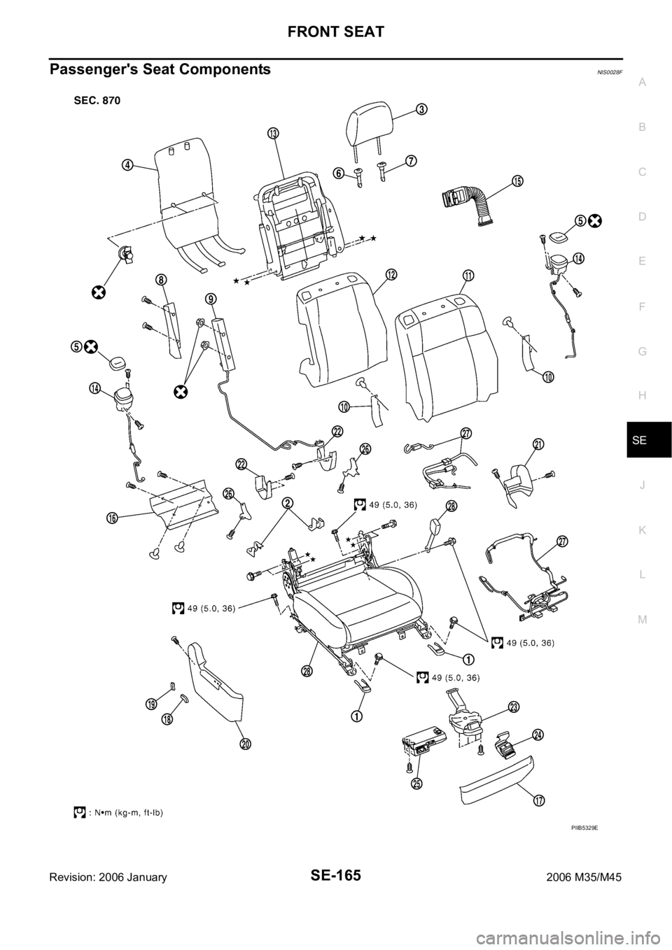 INFINITI M35 2006  Factory Service Manual FRONT SEAT
SE-165
C
D
E
F
G
H
J
K
L
MA
B
SE
Revision: 2006 January2006 M35/M45
Passenger's Seat ComponentsNIS0028F
PIIB5329E 