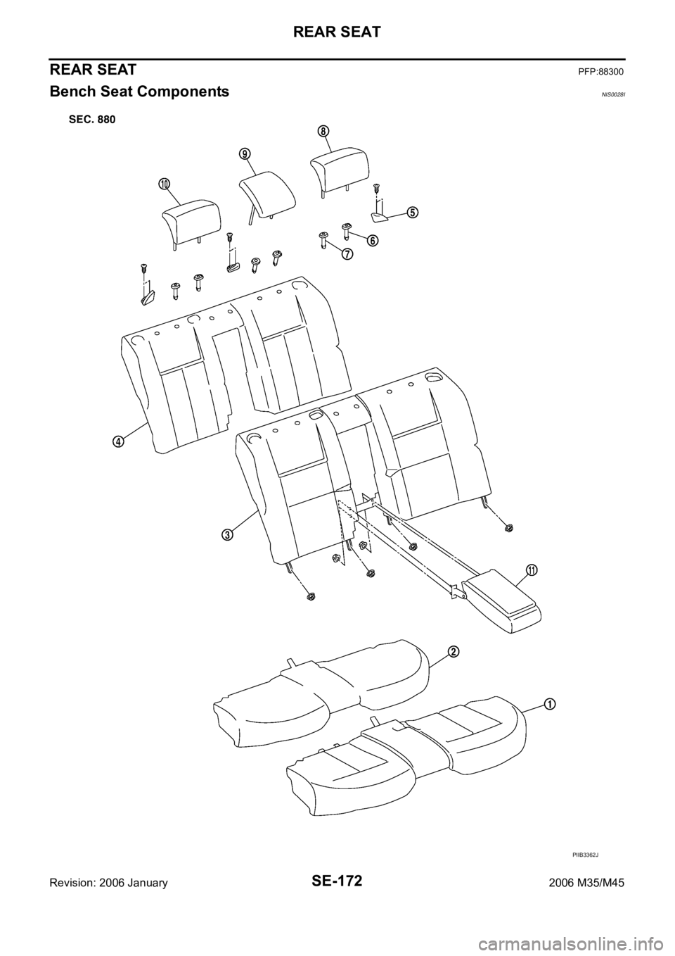 INFINITI M35 2006  Factory Service Manual SE-172
REAR SEAT
Revision: 2006 January2006 M35/M45
REAR SEATPFP:88300
Bench Seat ComponentsNIS0028I
PIIB3362J 