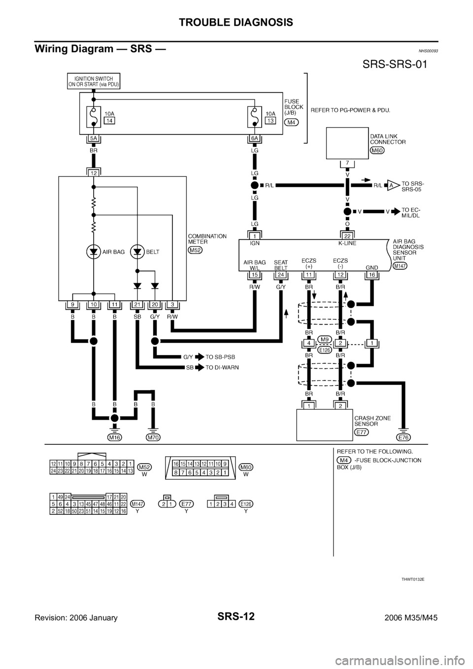 INFINITI M35 2006  Factory Service Manual SRS-12
TROUBLE DIAGNOSIS
Revision: 2006 January2006 M35/M45
Wiring Diagram — SRS —NHS00093
THWT0132E 