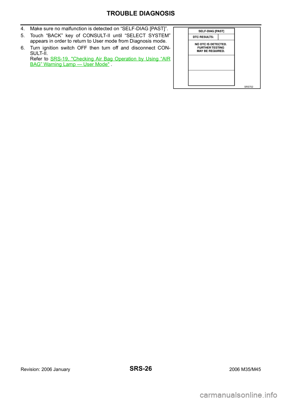 INFINITI M35 2006  Factory Service Manual SRS-26
TROUBLE DIAGNOSIS
Revision: 2006 January2006 M35/M45
4. Make sure no malfunction is detected on “SELF-DIAG [PAST]”.
5. Touch  “BACK”  key  of  CONSULT-II  until  “SELECT  SYSTEM”
ap