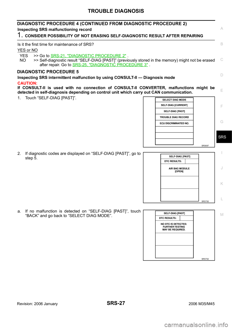 INFINITI M35 2006 Factory Service Manual TROUBLE DIAGNOSIS
SRS-27
C
D
E
F
G
I
J
K
L
MA
B
SRS
Revision: 2006 January2006 M35/M45
DIAGNOSTIC PROCEDURE 4 (CONTINUED FROM DIAGNOSTIC PROCEDURE 2)
Inspecting SRS malfunctioning record
1. CONSIDER P INFINITI M35 2006 Factory Service Manual TROUBLE DIAGNOSIS
SRS-27
C
D
E
F
G
I
J
K
L
MA
B
SRS
Revision: 2006 January2006 M35/M45
DIAGNOSTIC PROCEDURE 4 (CONTINUED FROM DIAGNOSTIC PROCEDURE 2)
Inspecting SRS malfunctioning record
1. CONSIDER P