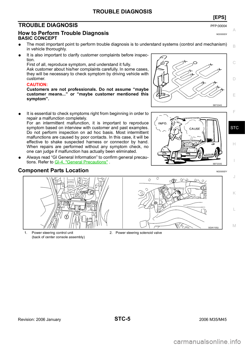 INFINITI M35 2006  Factory Service Manual TROUBLE DIAGNOSIS
STC-5
[EPS]
C
D
E
F
H
I
J
K
L
MA
B
STC
Revision: 2006 January2006 M35/M45
TROUBLE DIAGNOSISPFP:00004
How to Perform Trouble DiagnosisNGS000DX
BASIC CONCEPT
The most important point t