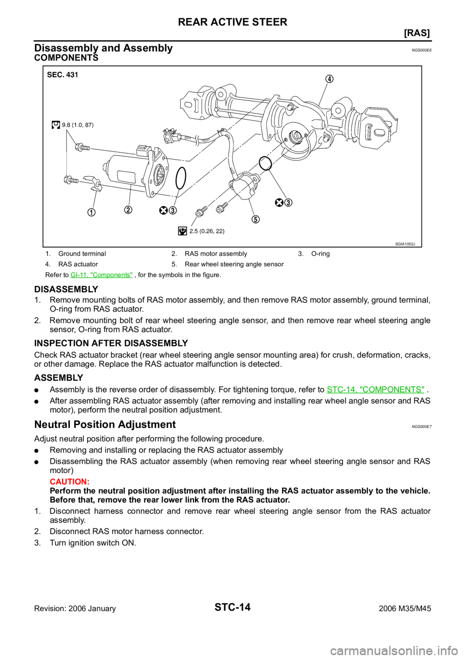 INFINITI M35 2006  Factory Service Manual STC-14
[RAS]
REAR ACTIVE STEER
Revision: 2006 January2006 M35/M45
Disassembly and AssemblyNGS000E6
COMPONENTS
DISASSEMBLY
1. Remove mounting bolts of RAS motor assembly, and then remove RAS motor asse