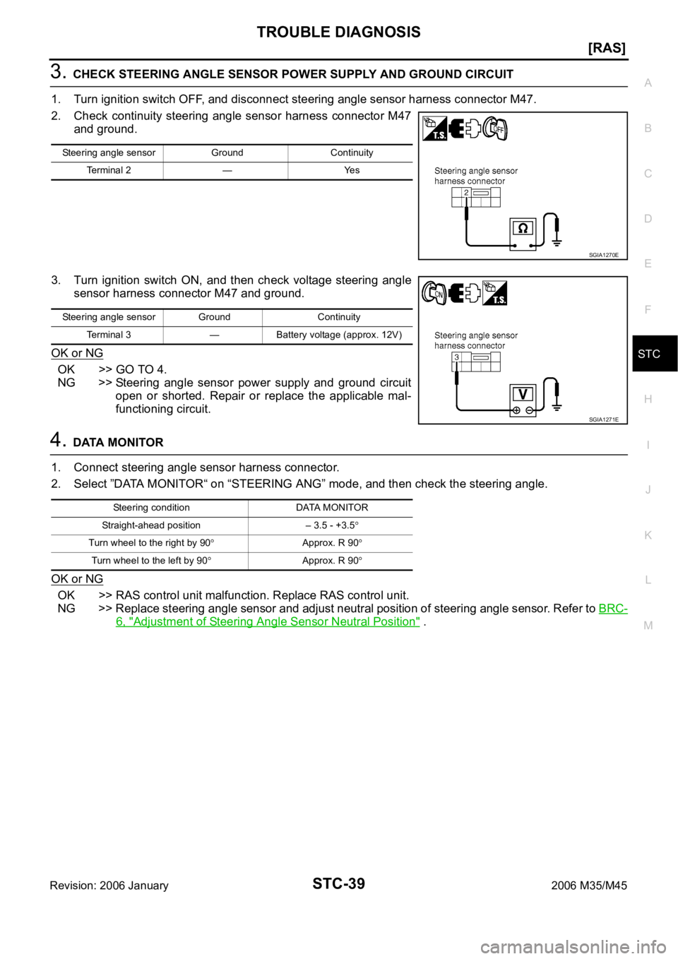 INFINITI M35 2006  Factory Service Manual TROUBLE DIAGNOSIS
STC-39
[RAS]
C
D
E
F
H
I
J
K
L
MA
B
STC
Revision: 2006 January2006 M35/M45
3. CHECK STEERING ANGLE SENSOR POWER SUPPLY AND GROUND CIRCUIT
1. Turn ignition switch OFF, and disconnect 
