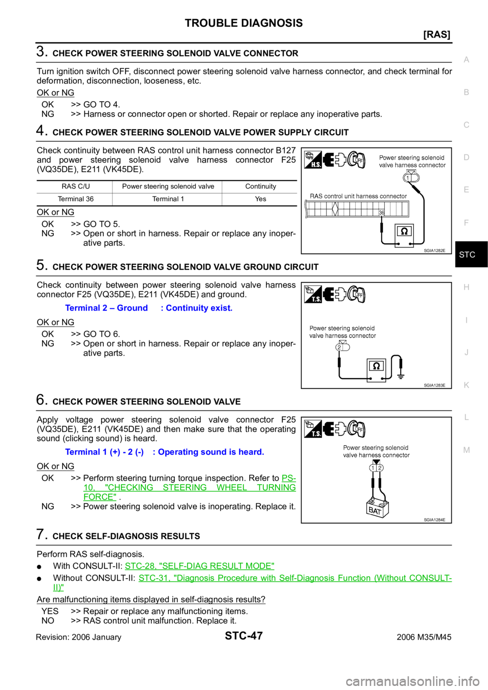 INFINITI M35 2006  Factory Service Manual TROUBLE DIAGNOSIS
STC-47
[RAS]
C
D
E
F
H
I
J
K
L
MA
B
STC
Revision: 2006 January2006 M35/M45
3. CHECK POWER STEERING SOLENOID VALVE CONNECTOR
Turn ignition switch OFF, disconnect power steering soleno