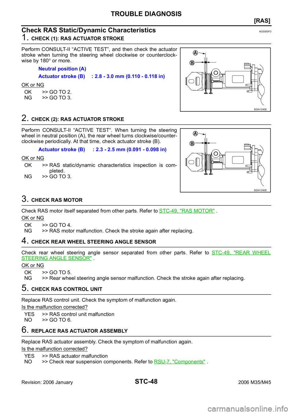 INFINITI M35 2006  Factory Service Manual STC-48
[RAS]
TROUBLE DIAGNOSIS
Revision: 2006 January2006 M35/M45
Check RAS Static/Dynamic CharacteristicsNGS000F3
1. CHECK (1): RAS ACTUATOR STROKE
Perform  CONSULT-II  “ACTIVE  TEST”,  and  then