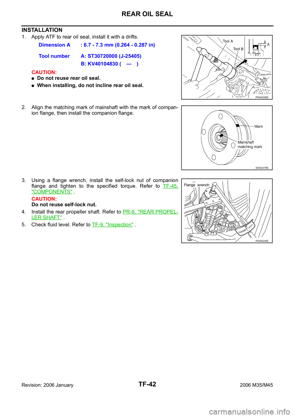 INFINITI M35 2006  Factory Service Manual TF-42
REAR OIL SEAL
Revision: 2006 January2006 M35/M45
INSTALLATION
1. Apply ATF to rear oil seal, install it with a drifts.
CAUTION:
Do not reuse rear oil seal.
When installing, do not incline rear o