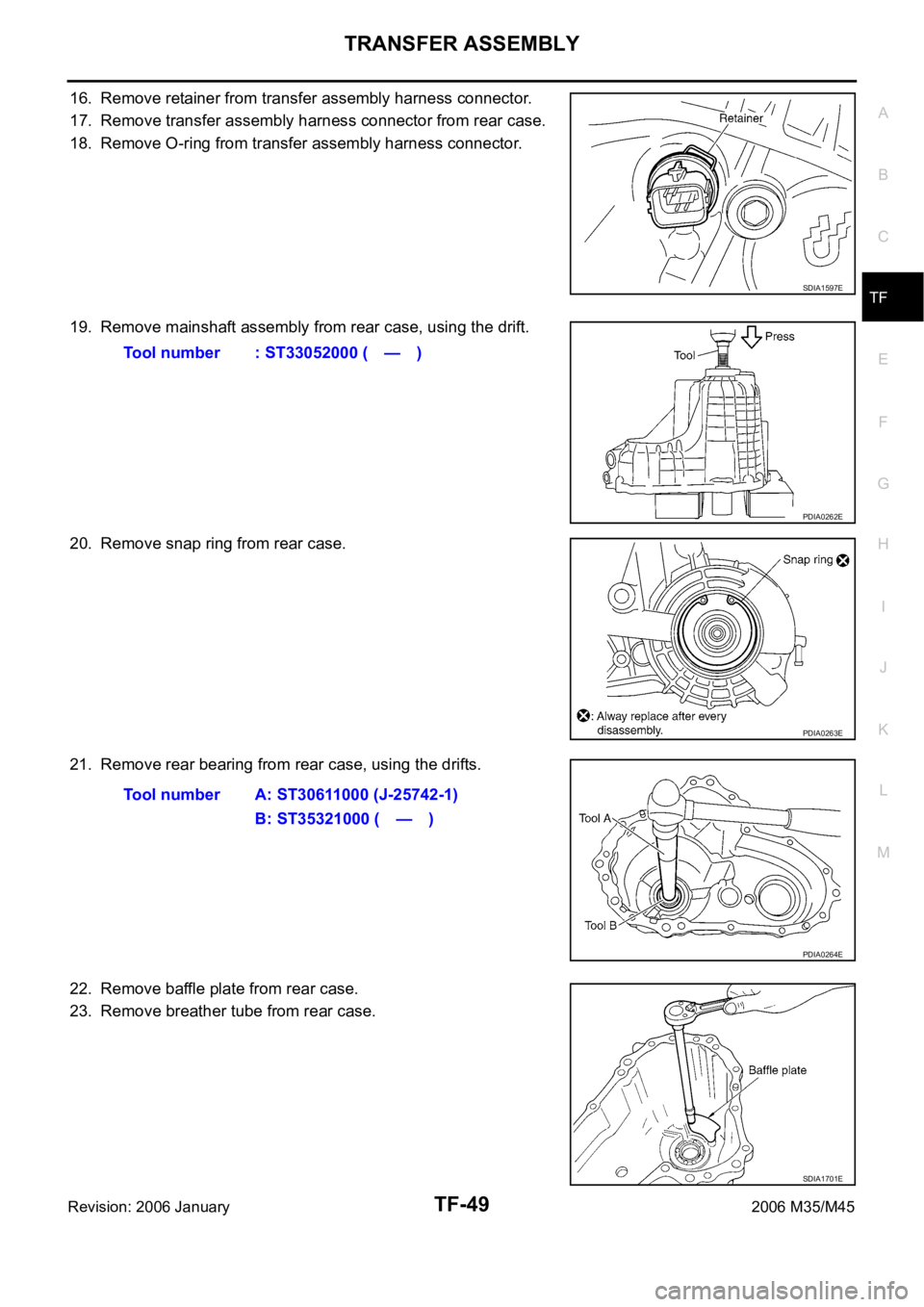 INFINITI M35 2006  Factory Service Manual TRANSFER ASSEMBLY
TF-49
C
E
F
G
H
I
J
K
L
MA
B
TF
Revision: 2006 January2006 M35/M45
16. Remove retainer from transfer assembly harness connector.
17. Remove transfer assembly harness connector from r