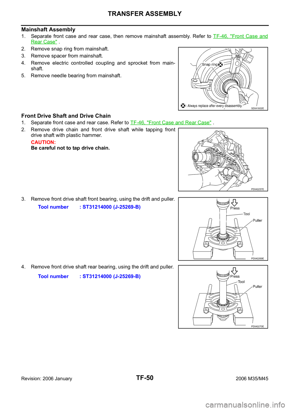 INFINITI M35 2006  Factory Service Manual TF-50
TRANSFER ASSEMBLY
Revision: 2006 January2006 M35/M45
Mainshaft Assembly
1. Separate  front  case  and  rear  case,  then  remove  mainshaft  assembly.  Refer  to TF-46,  "Front  Case  and
Re