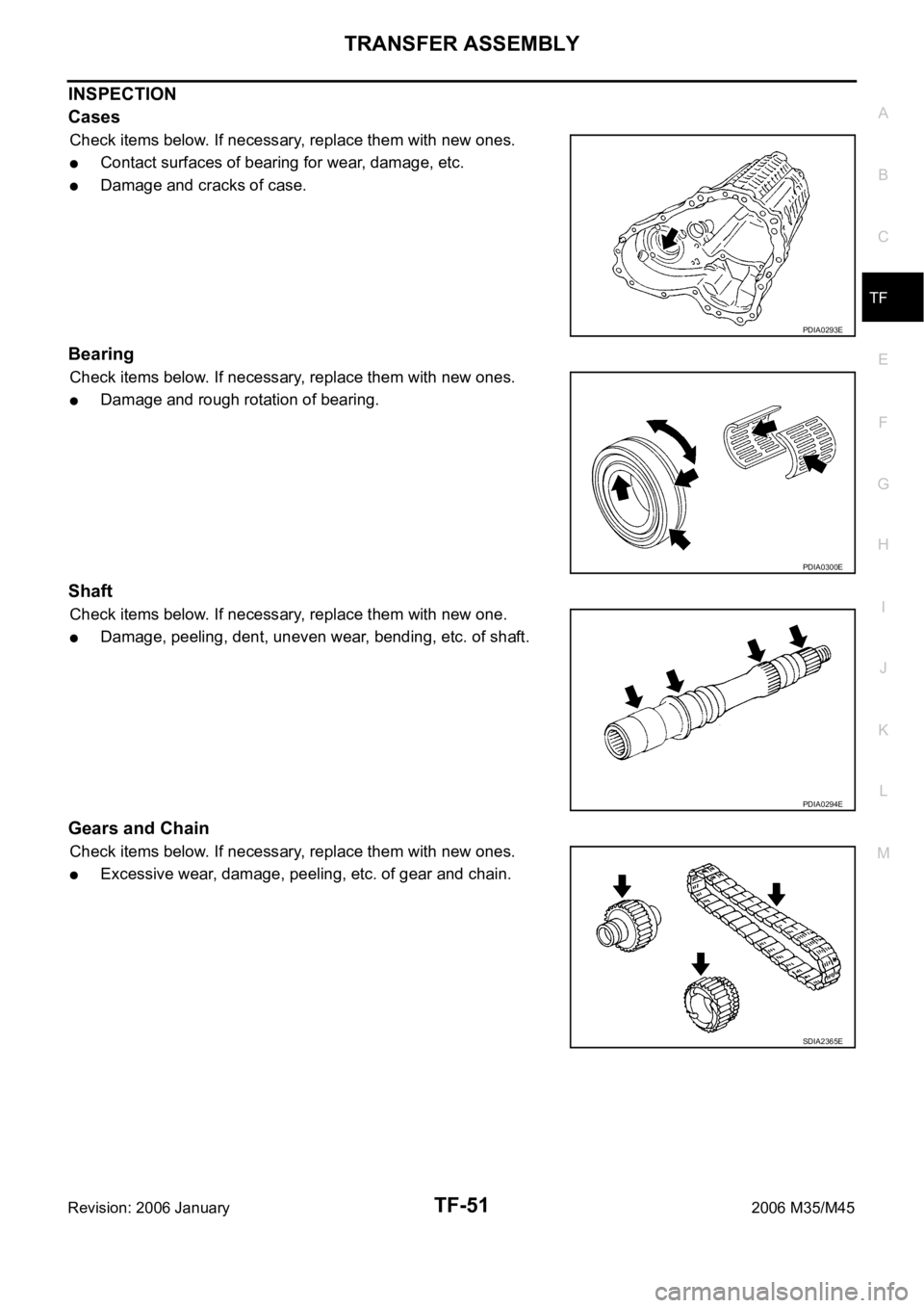 INFINITI M35 2006  Factory Service Manual TRANSFER ASSEMBLY
TF-51
C
E
F
G
H
I
J
K
L
MA
B
TF
Revision: 2006 January2006 M35/M45
INSPECTION 
Cases
Check items below. If necessary, replace them with new ones.
Contact surfaces of bearing for wear