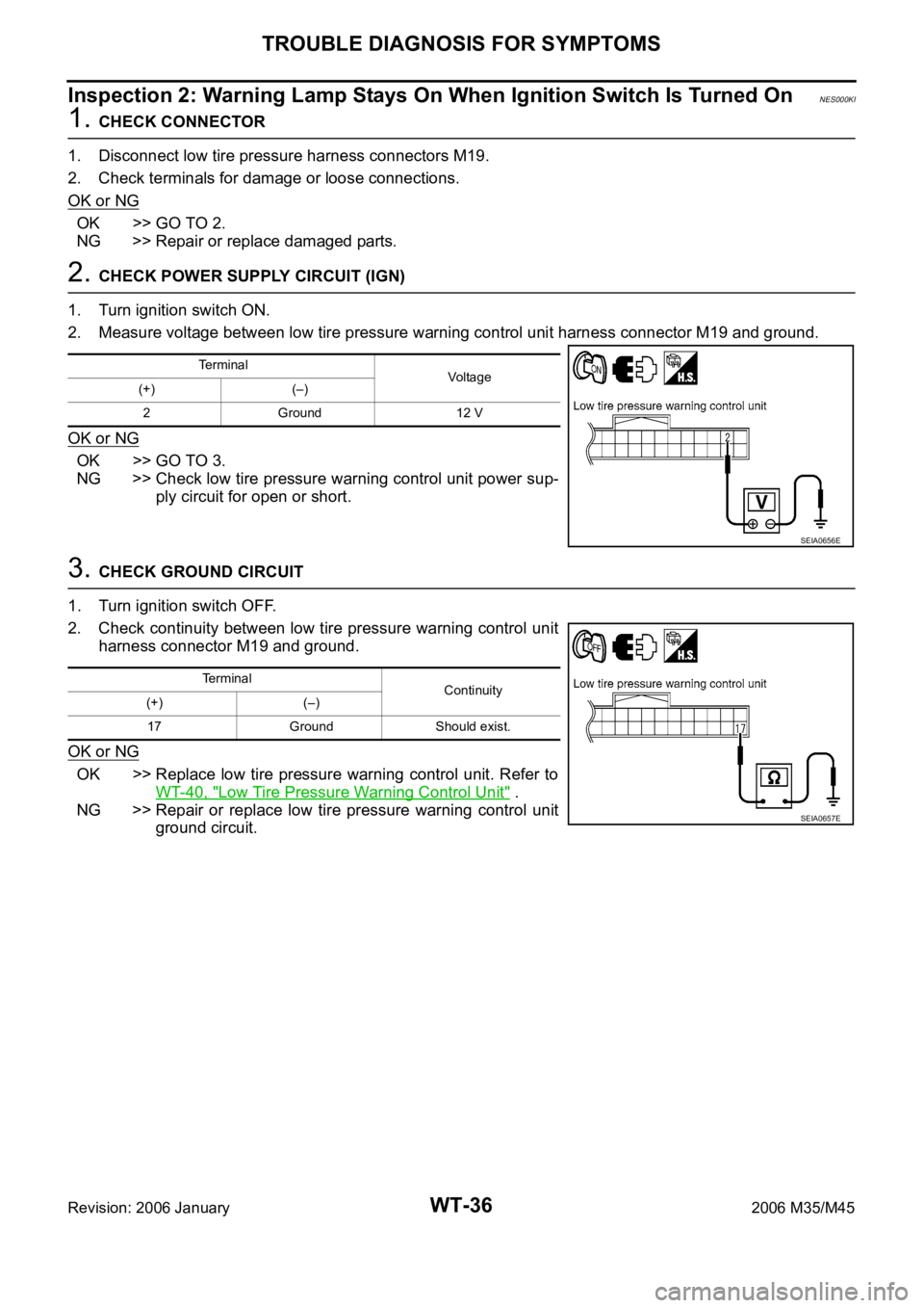 INFINITI M35 2006 Factory Service Manual WT-36
TROUBLE DIAGNOSIS FOR SYMPTOMS
Revision: 2006 January2006 M35/M45
Inspection 2: Warning Lamp Stays On When Ignition Switch Is Turned OnNES000KI
1. CHECK CONNECTOR
1. Disconnect low tire pressure INFINITI M35 2006 Factory Service Manual WT-36
TROUBLE DIAGNOSIS FOR SYMPTOMS
Revision: 2006 January2006 M35/M45
Inspection 2: Warning Lamp Stays On When Ignition Switch Is Turned OnNES000KI
1. CHECK CONNECTOR
1. Disconnect low tire pressure