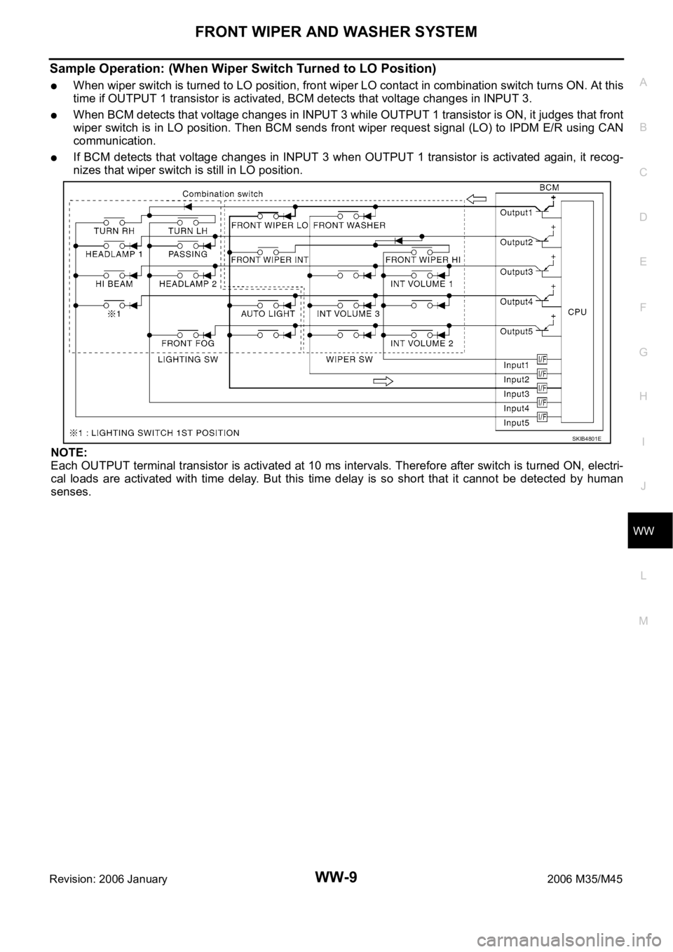 INFINITI M35 2006  Factory Service Manual FRONT WIPER AND WASHER SYSTEM
WW-9
C
D
E
F
G
H
I
J
L
MA
B
WW
Revision: 2006 January2006 M35/M45
Sample Operation: (When Wiper Switch Turned to LO Position)
When wiper switch is turned to LO position, 