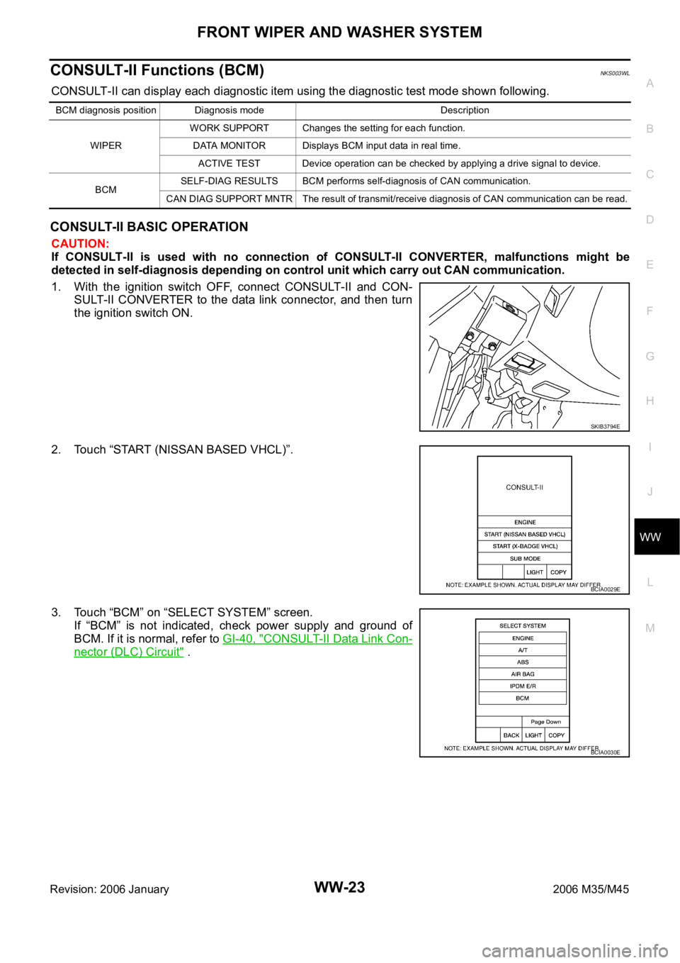 INFINITI M35 2006 Factory Service Manual FRONT WIPER AND WASHER SYSTEM
WW-23
C
D
E
F
G
H
I
J
L
MA
B
WW
Revision: 2006 January2006 M35/M45
CONSULT-II Functions (BCM)NKS003WL
CONSULT-II can display each diagnostic item using the diagnostic tes INFINITI M35 2006 Factory Service Manual FRONT WIPER AND WASHER SYSTEM
WW-23
C
D
E
F
G
H
I
J
L
MA
B
WW
Revision: 2006 January2006 M35/M45
CONSULT-II Functions (BCM)NKS003WL
CONSULT-II can display each diagnostic item using the diagnostic tes