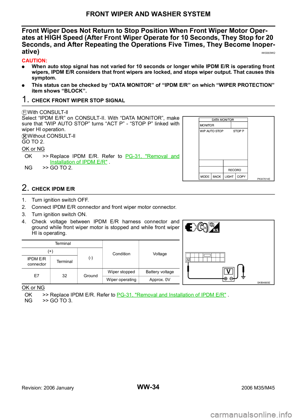 INFINITI M35 2006 Factory Service Manual WW-34
FRONT WIPER AND WASHER SYSTEM
Revision: 2006 January2006 M35/M45
Front Wiper Does Not Return to Stop Position When Front Wiper Motor Oper-
ates at HIGH Speed (After Front Wiper Operate for 10 Se INFINITI M35 2006 Factory Service Manual WW-34
FRONT WIPER AND WASHER SYSTEM
Revision: 2006 January2006 M35/M45
Front Wiper Does Not Return to Stop Position When Front Wiper Motor Oper-
ates at HIGH Speed (After Front Wiper Operate for 10 Se