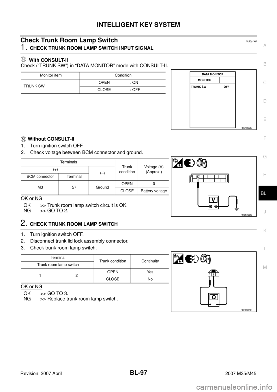 INFINITI M35 2007  Factory Service Manual INTELLIGENT KEY SYSTEM
BL-97
C
D
E
F
G
H
J
K
L
MA
B
BL
Revision: 2007 April2007 M35/M45
Check Trunk Room Lamp SwitchNIS001XP
1. CHECK TRUNK ROOM LAMP SWITCH INPUT SIGNAL
 With CONSULT-II
Check (“TRU