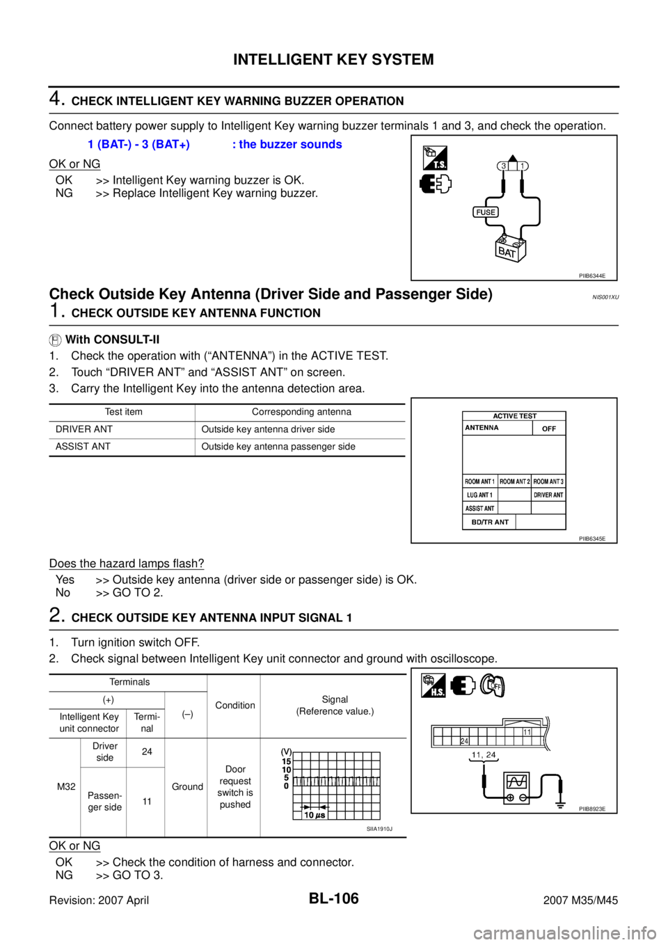 INFINITI M35 2007  Factory Service Manual BL-106
INTELLIGENT KEY SYSTEM
Revision: 2007 April2007 M35/M45
4. CHECK INTELLIGENT KEY WARNING BUZZER OPERATION
Connect battery power supply to Intelligent Key warning buzzer terminals 1 and 3, and c