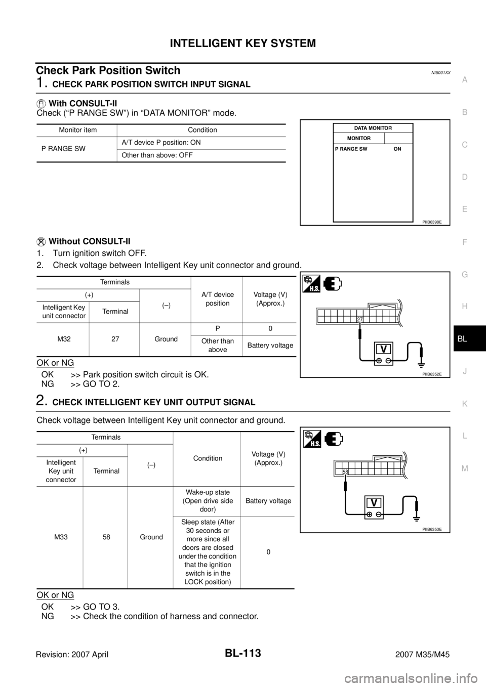 INFINITI M35 2007 Factory Service Manual INTELLIGENT KEY SYSTEM
BL-113
C
D
E
F
G
H
J
K
L
MA
B
BL
Revision: 2007 April2007 M35/M45
Check Park Position SwitchNIS001XX
1. CHECK PARK POSITION SWITCH INPUT SIGNAL
With CONSULT-II
Check (“P RANG INFINITI M35 2007 Factory Service Manual INTELLIGENT KEY SYSTEM
BL-113
C
D
E
F
G
H
J
K
L
MA
B
BL
Revision: 2007 April2007 M35/M45
Check Park Position SwitchNIS001XX
1. CHECK PARK POSITION SWITCH INPUT SIGNAL
With CONSULT-II
Check (“P RANG