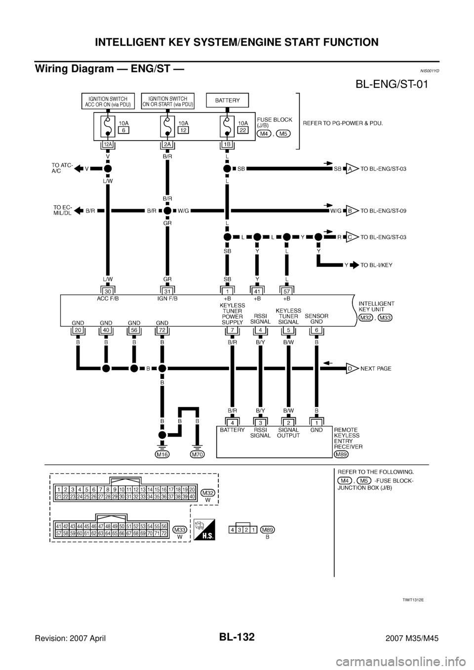 INFINITI M35 2007  Factory Service Manual BL-132
INTELLIGENT KEY SYSTEM/ENGINE START FUNCTION
Revision: 2007 April2007 M35/M45
Wiring Diagram — ENG/ST —NIS001YD
TIWT1312E 