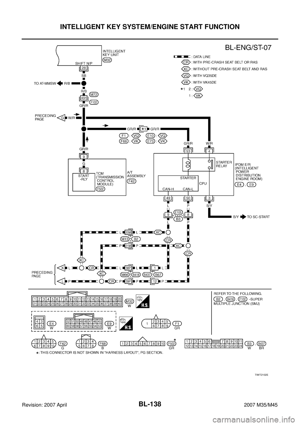 INFINITI M35 2007  Factory Service Manual BL-138
INTELLIGENT KEY SYSTEM/ENGINE START FUNCTION
Revision: 2007 April2007 M35/M45
TIWT2102E 