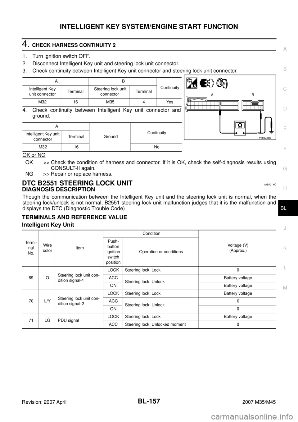 INFINITI M35 2007  Factory Service Manual INTELLIGENT KEY SYSTEM/ENGINE START FUNCTION
BL-157
C
D
E
F
G
H
J
K
L
MA
B
BL
Revision: 2007 April2007 M35/M45
4. CHECK HARNESS CONTINUITY 2
1. Turn ignition switch OFF.
2. Disconnect Intelligent Key 