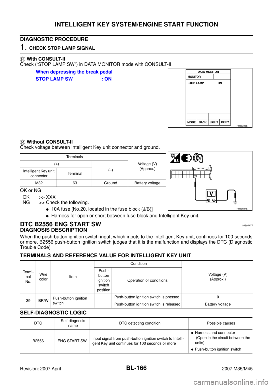 INFINITI M35 2007 Factory Service Manual BL-166
INTELLIGENT KEY SYSTEM/ENGINE START FUNCTION
Revision: 2007 April2007 M35/M45
DIAGNOSTIC PROCEDURE
1. CHECK STOP LAMP SIGNAL
With CONSULT-II
Check (“STOP LAMP SW”) in DATA MONITOR mode wit INFINITI M35 2007 Factory Service Manual BL-166
INTELLIGENT KEY SYSTEM/ENGINE START FUNCTION
Revision: 2007 April2007 M35/M45
DIAGNOSTIC PROCEDURE
1. CHECK STOP LAMP SIGNAL
With CONSULT-II
Check (“STOP LAMP SW”) in DATA MONITOR mode wit