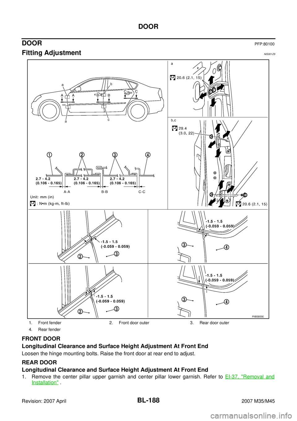 INFINITI M35 2007  Factory Service Manual BL-188
DOOR
Revision: 2007 April2007 M35/M45
DOORPFP:80100
Fitting AdjustmentNIS001Z9
FRONT DOOR
Longitudinal Clearance and Surface Height Adjustment At Front End
Loosen the hinge mounting bolts. Rais
