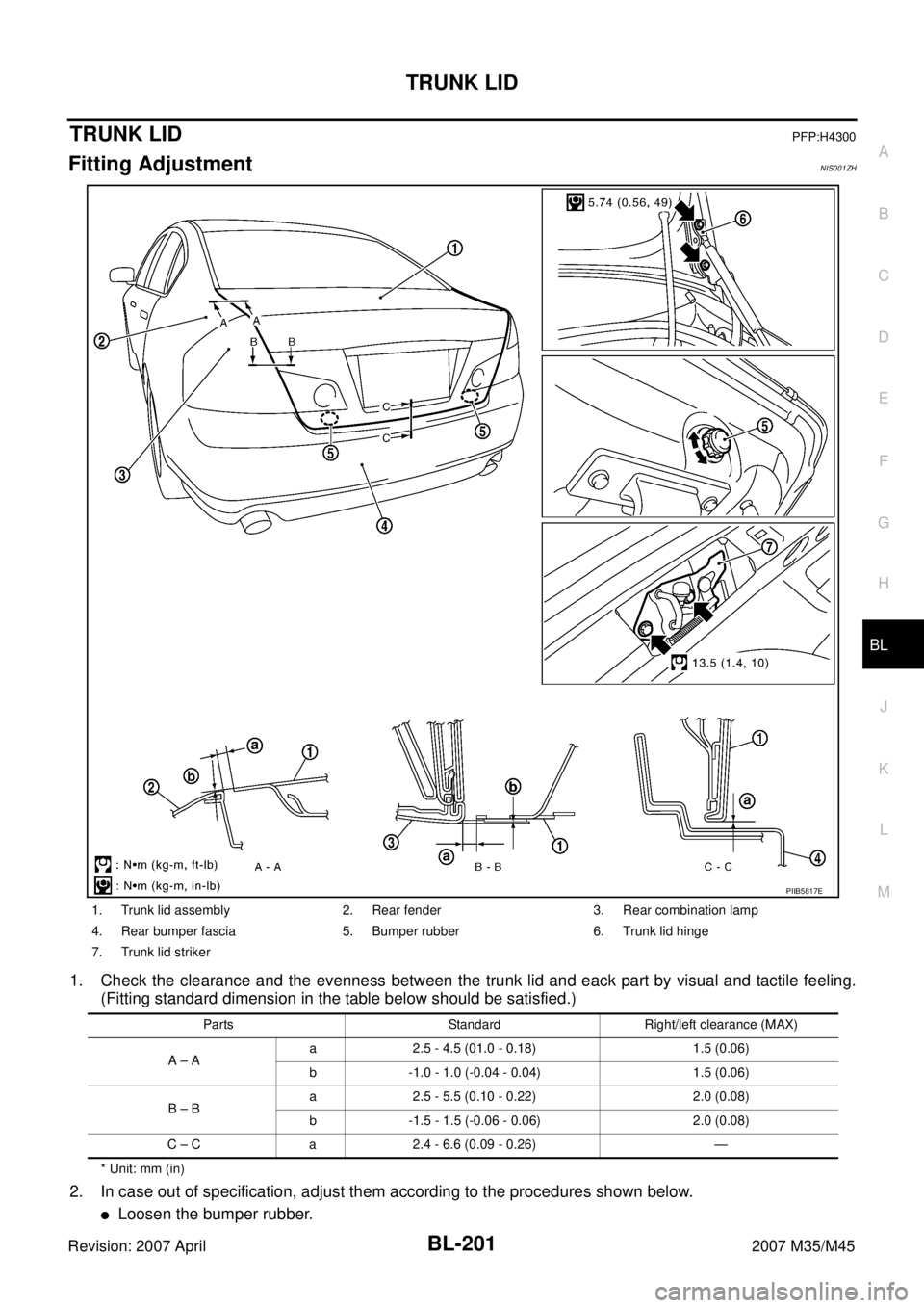 INFINITI M35 2007  Factory Service Manual TRUNK LID
BL-201
C
D
E
F
G
H
J
K
L
MA
B
BL
Revision: 2007 April2007 M35/M45
TRUNK LIDPFP:H4300
Fitting AdjustmentNIS001ZH
1. Check the clearance and the evenness between the trunk lid and eack part by