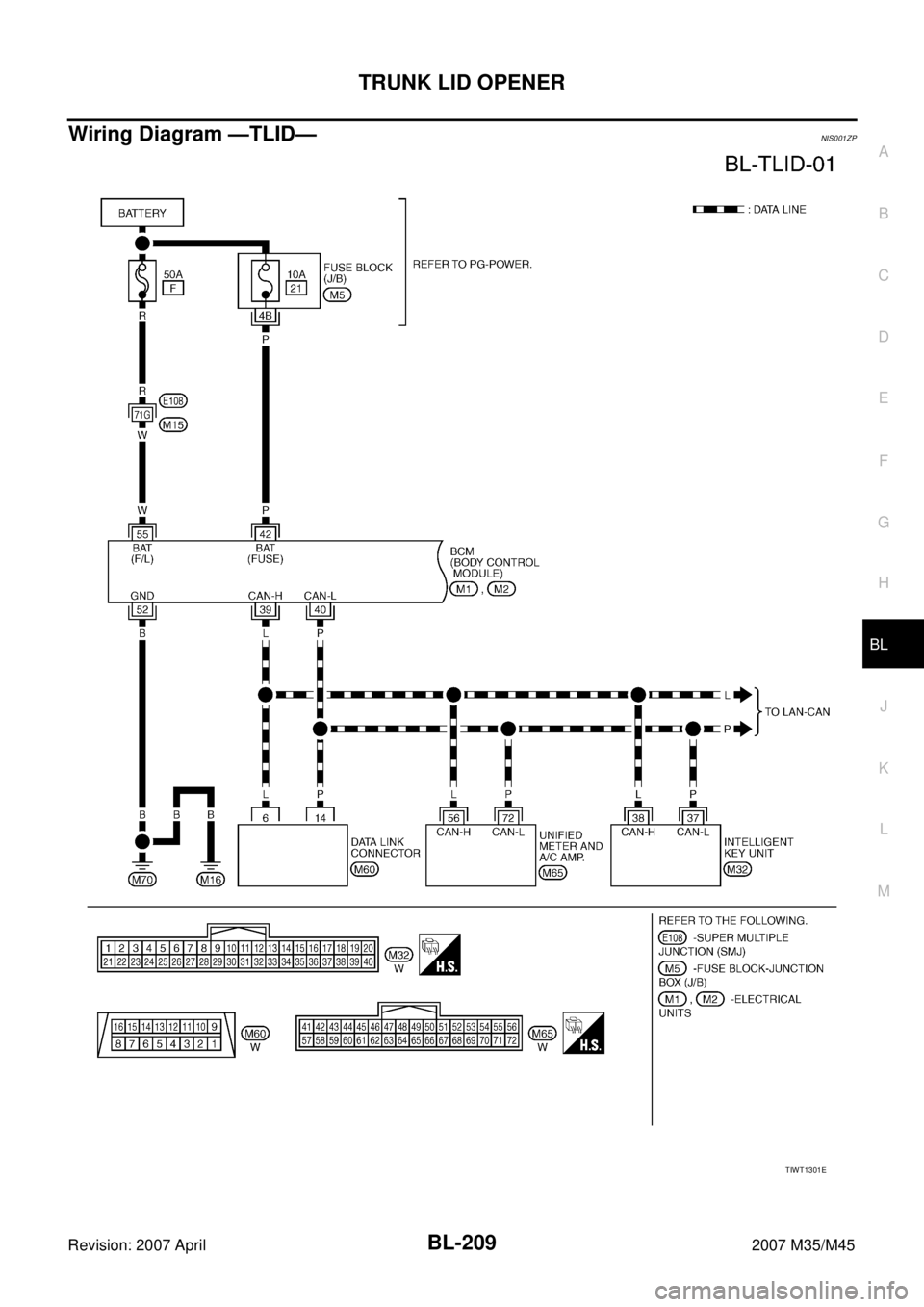INFINITI M35 2007  Factory Service Manual TRUNK LID OPENER
BL-209
C
D
E
F
G
H
J
K
L
MA
B
BL
Revision: 2007 April2007 M35/M45
Wiring Diagram —TLID—NIS001ZP
TIWT1301E 