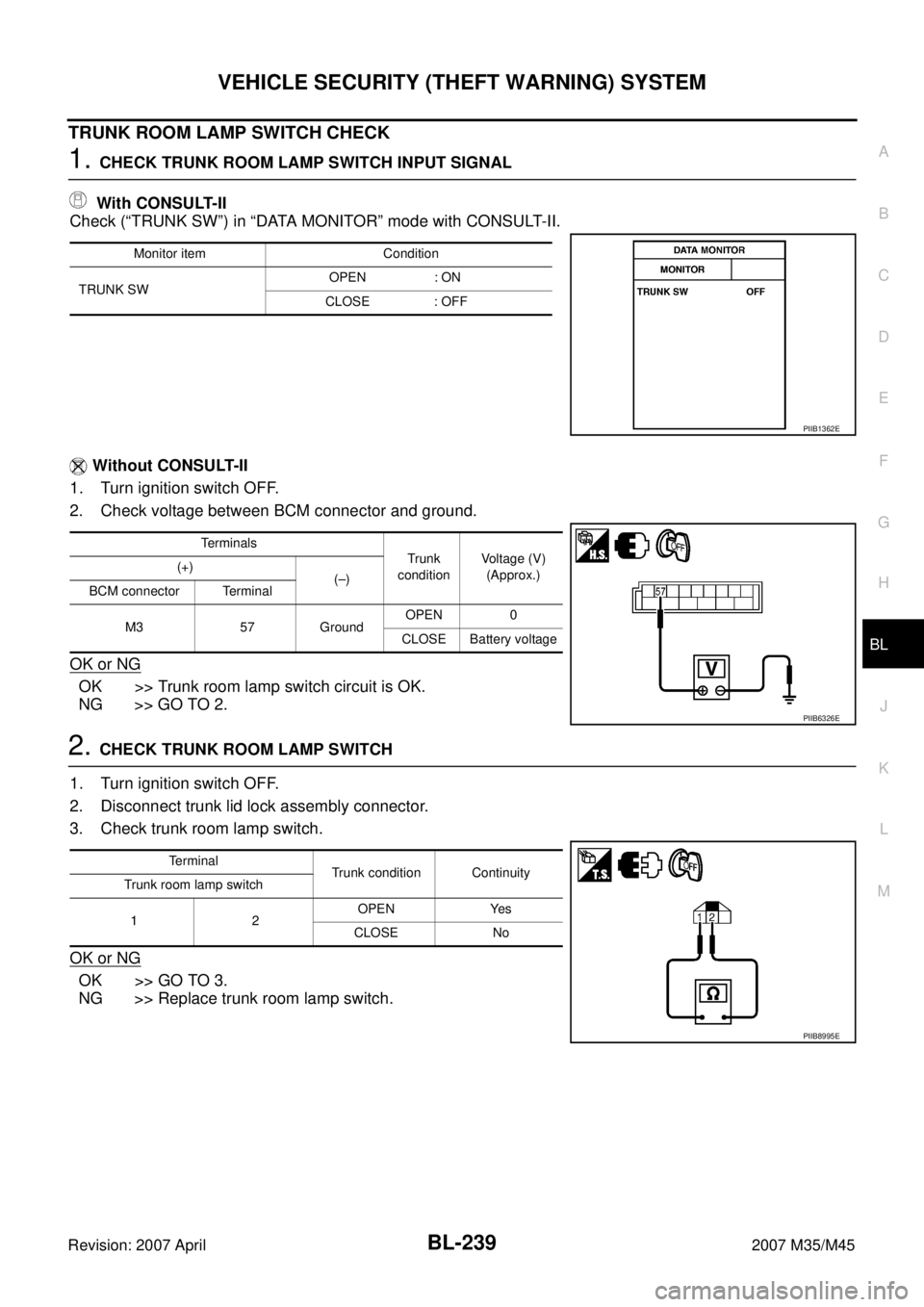 INFINITI M35 2007  Factory Service Manual VEHICLE SECURITY (THEFT WARNING) SYSTEM
BL-239
C
D
E
F
G
H
J
K
L
MA
B
BL
Revision: 2007 April2007 M35/M45
TRUNK ROOM LAMP SWITCH CHECK
1. CHECK TRUNK ROOM LAMP SWITCH INPUT SIGNAL
 With CONSULT-II
Che