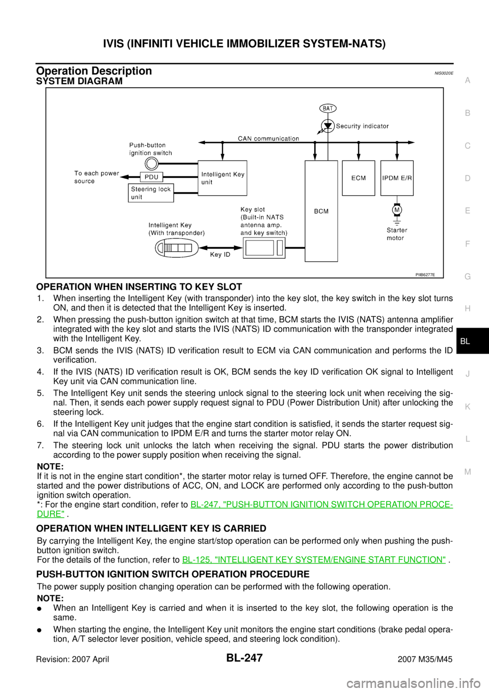 INFINITI M35 2007 Factory Service Manual IVIS (INFINITI VEHICLE IMMOBILIZER SYSTEM-NATS)
BL-247
C
D
E
F
G
H
J
K
L
MA
B
BL
Revision: 2007 April2007 M35/M45
Operation DescriptionNIS0020E
SYSTEM DIAGRAM
OPERATION WHEN INSERTING TO KEY SLOT
1. W INFINITI M35 2007 Factory Service Manual IVIS (INFINITI VEHICLE IMMOBILIZER SYSTEM-NATS)
BL-247
C
D
E
F
G
H
J
K
L
MA
B
BL
Revision: 2007 April2007 M35/M45
Operation DescriptionNIS0020E
SYSTEM DIAGRAM
OPERATION WHEN INSERTING TO KEY SLOT
1. W
