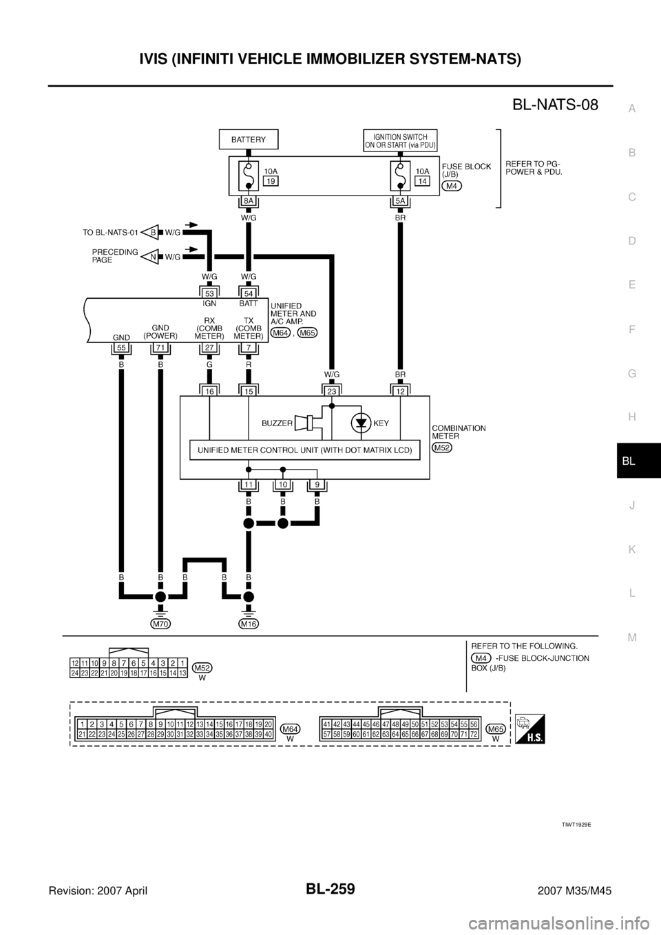 INFINITI M35 2007  Factory Service Manual IVIS (INFINITI VEHICLE IMMOBILIZER SYSTEM-NATS)
BL-259
C
D
E
F
G
H
J
K
L
MA
B
BL
Revision: 2007 April2007 M35/M45
TIWT1929E 